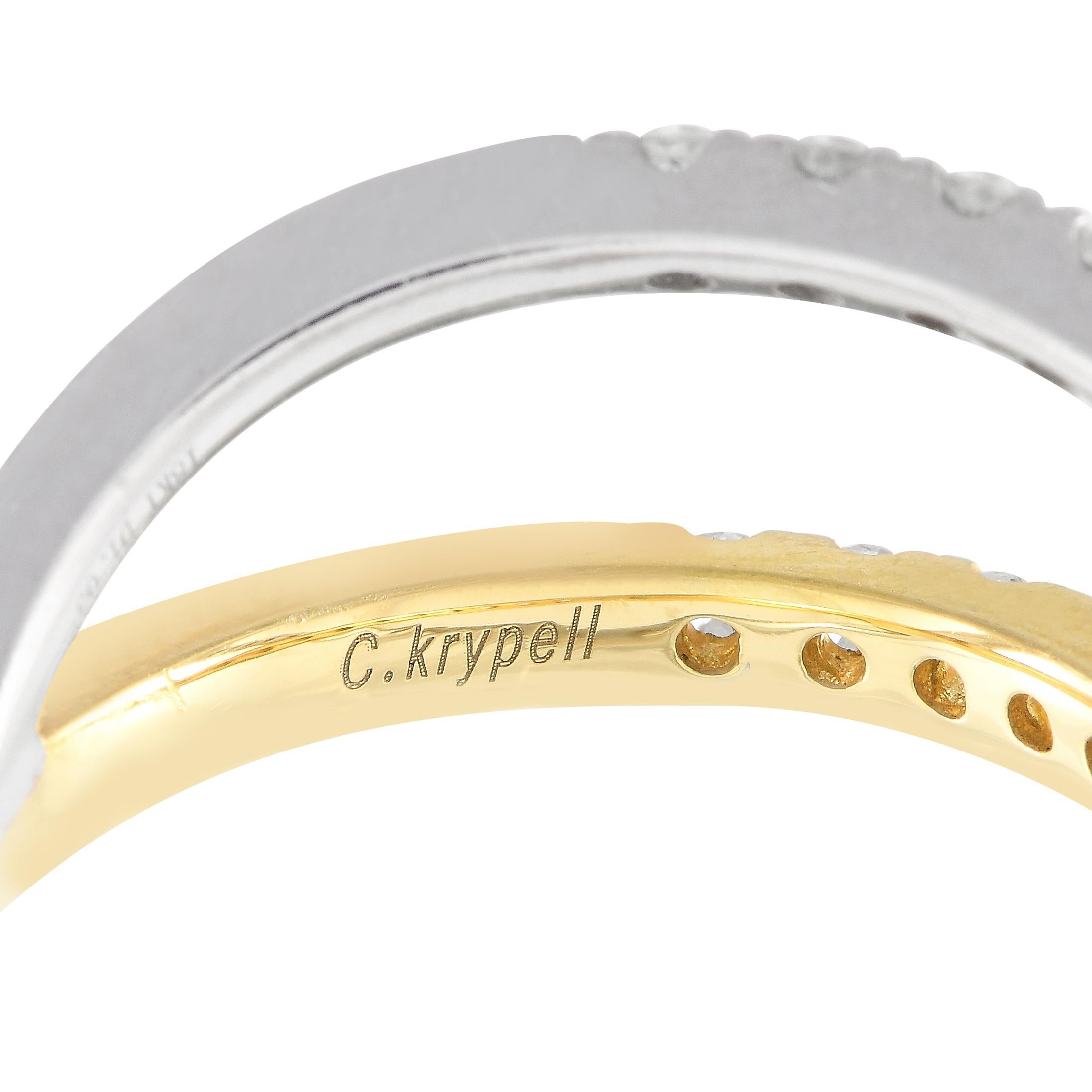Charles Krypell 18K White and Yellow Gold 1.03ct Diamond Crossover Ring In Excellent Condition In Southampton, PA
