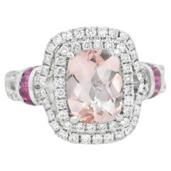 Charles Krypell 18K White Gold Double Diamond Halo & Morganite 1.74ct Cushion Cu