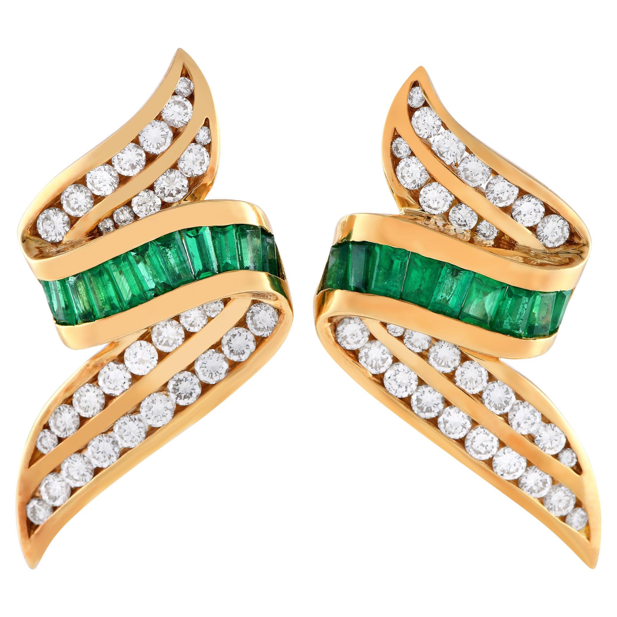 Charles Krypell 18k Yellow Gold 2.50 Carat Diamond and Emerald Earrings