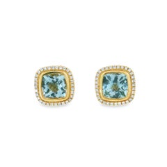 Charles Krypell Or jaune 18K Dia. Boucles d'oreilles Halo Aigue-marine Coussin 2.73ctw
