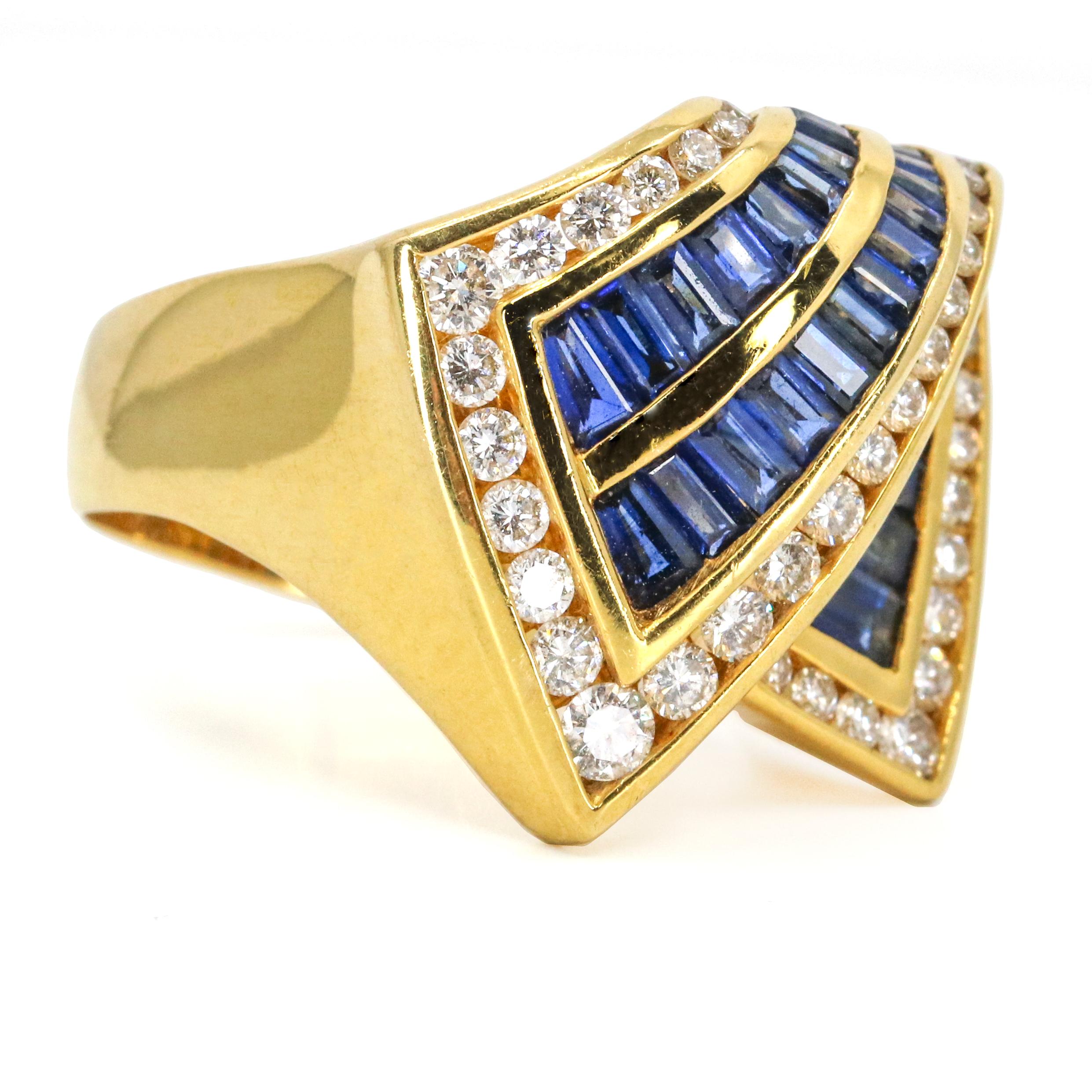 Baguette Cut Charles Krypell 18 Karat Yellow Gold Sapphire Diamond Ring For Sale