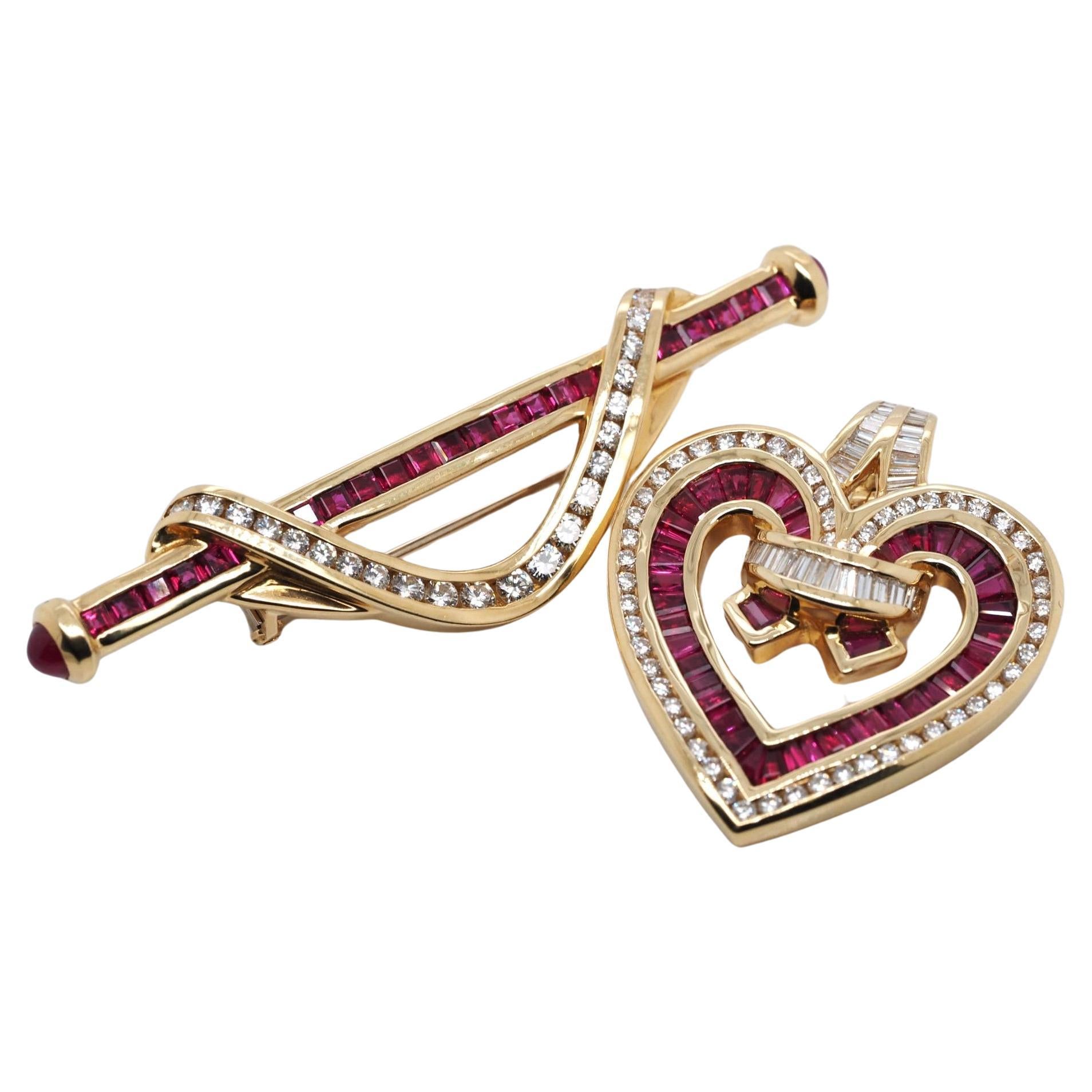 Charles Krypell 18KT Gold 3.2 Ct Ruby 2.67 Ct Diamond Pendant Brooch Pin For Sale