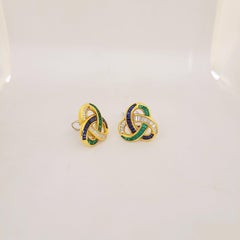 Charles Krypell 18KT Gold, Baguette Diamond Emerald & Sapphire Knot Clip Earring