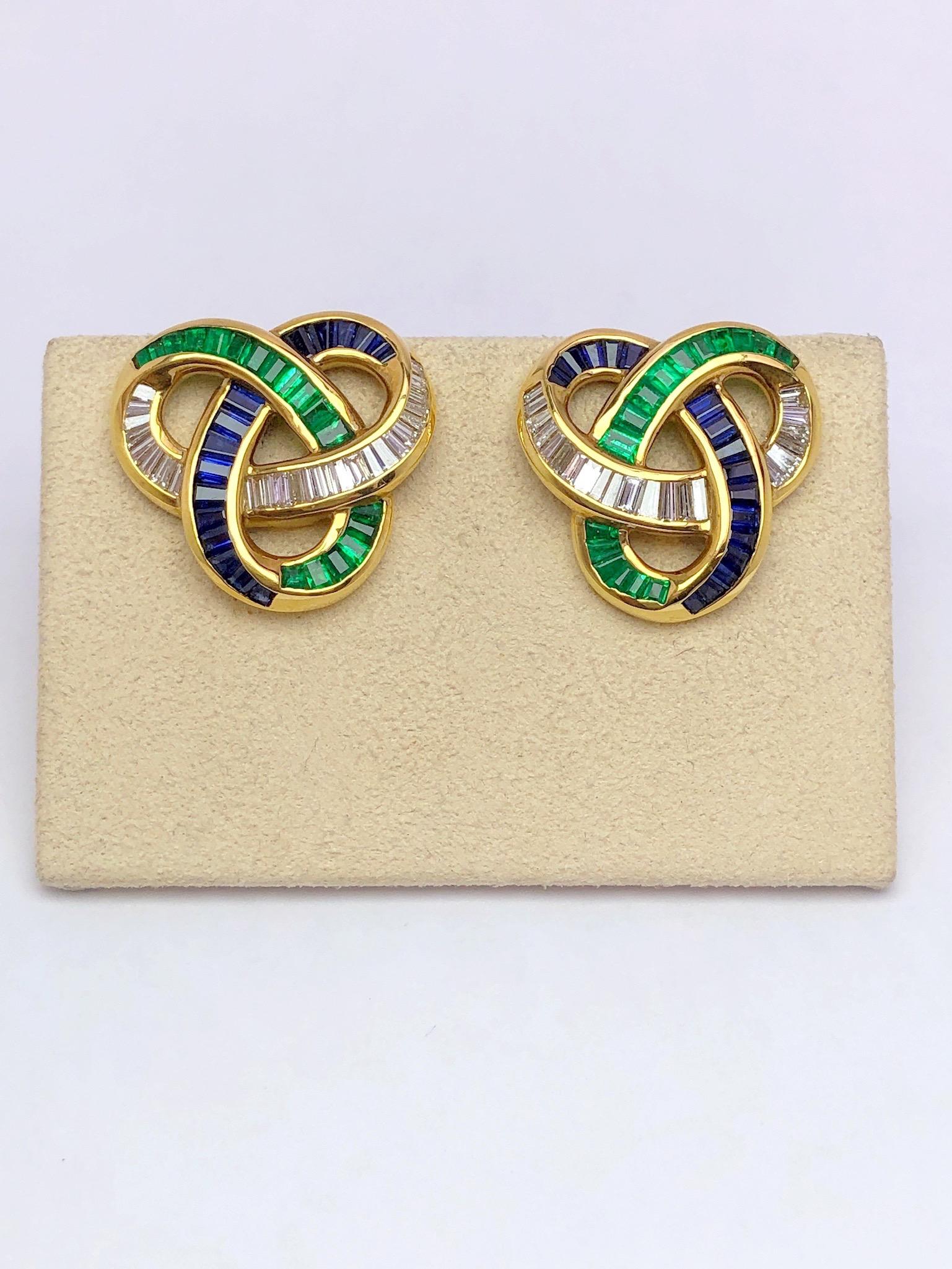 Modern Charles Krypell 18KT Gold, Baguette Diamond Emerald & Sapphire Knot Clip Earring For Sale