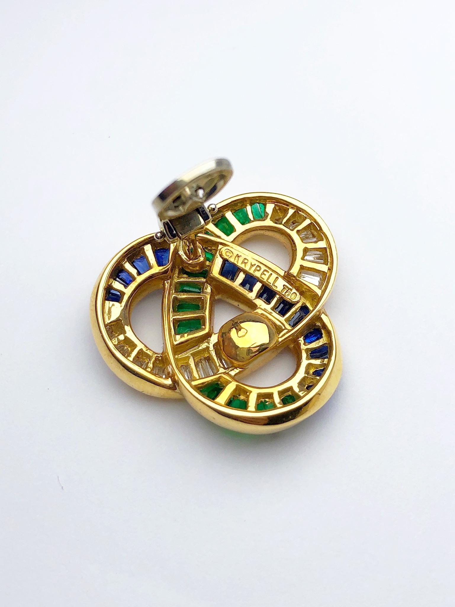 Charles Krypell 18KT Gold, Baguette Diamond Emerald & Sapphire Knot Clip Earring In New Condition For Sale In New York, NY