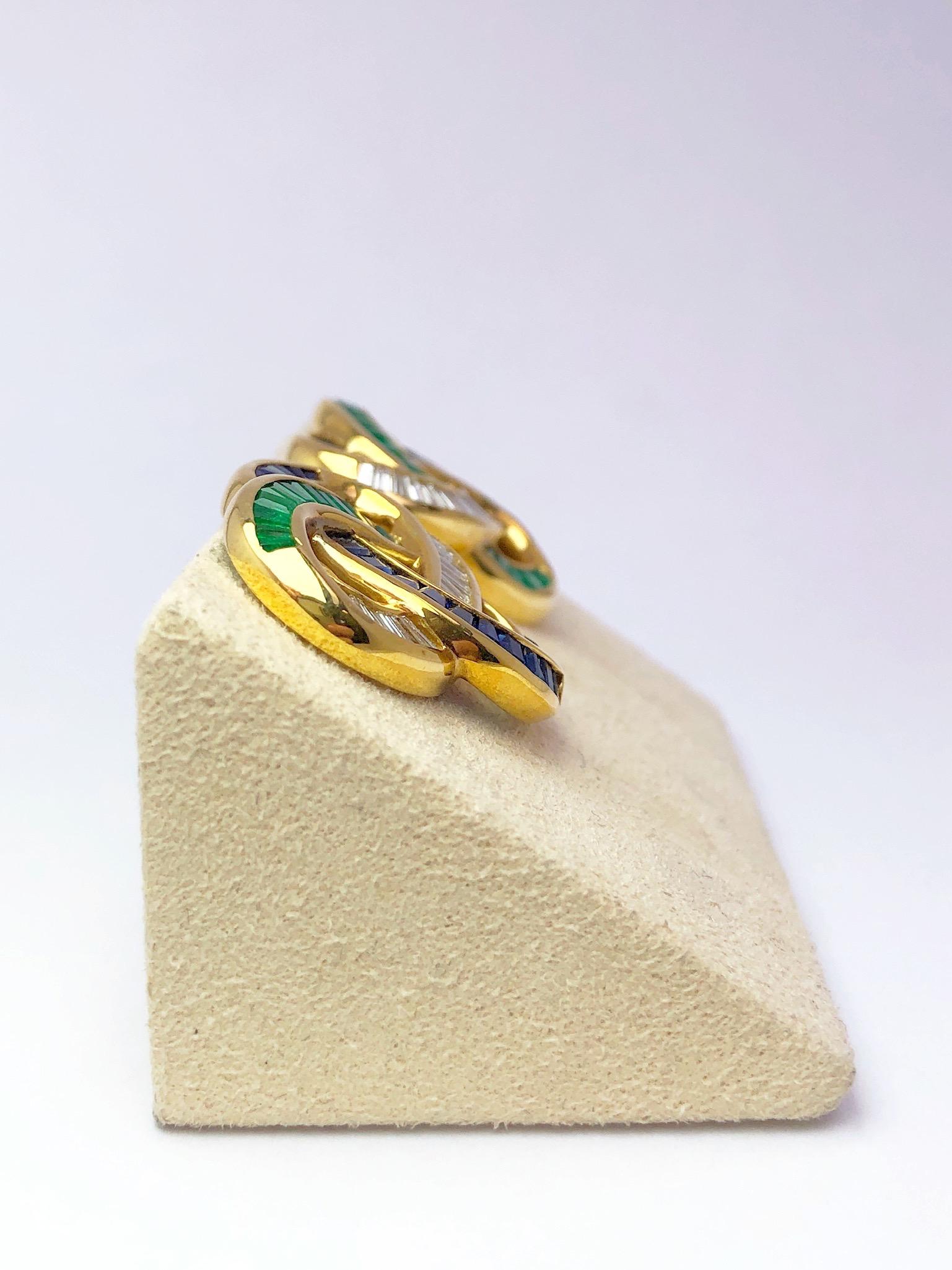 Charles Krypell 18KT Gold, Baguette Diamond Emerald & Sapphire Knot Clip Earring For Sale 1