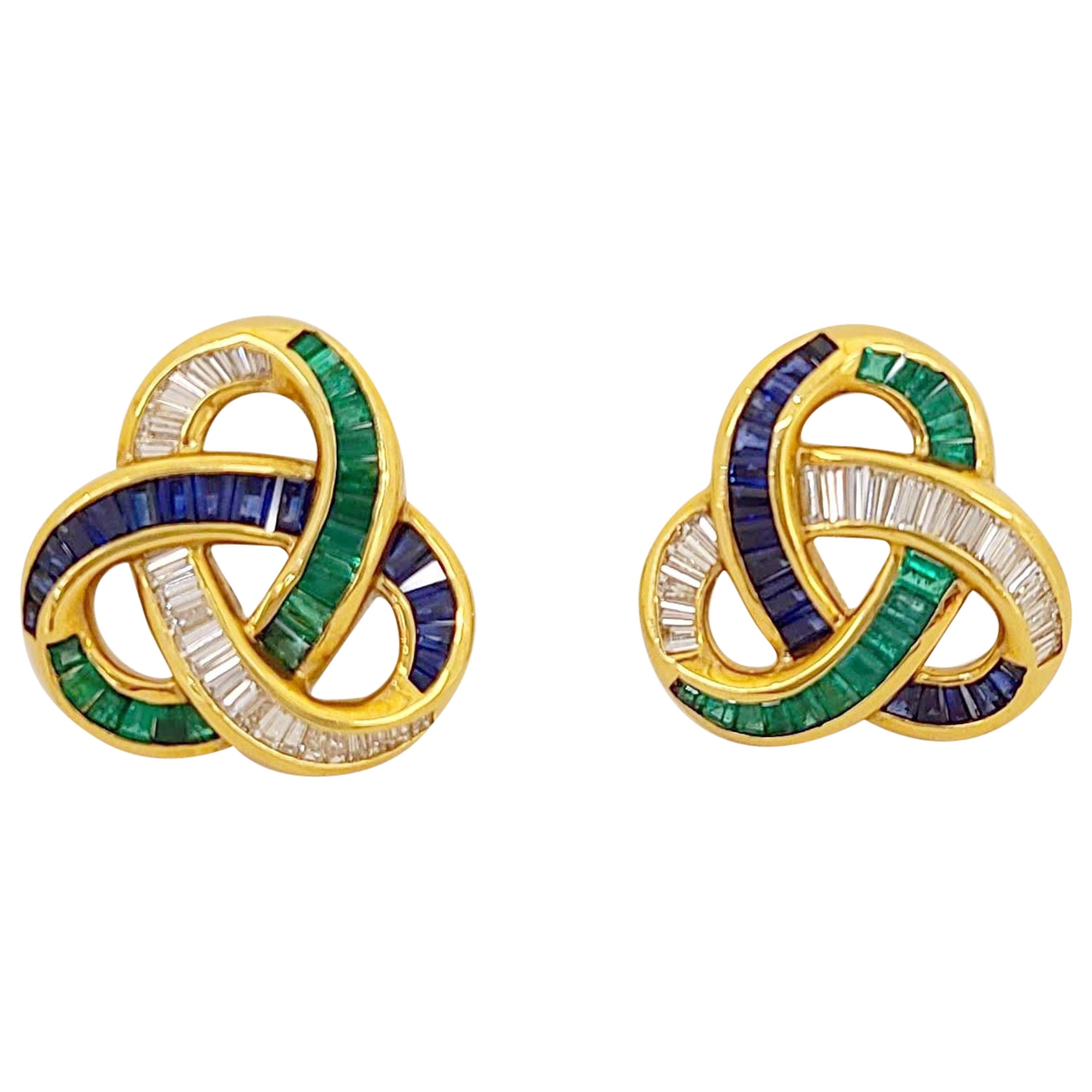 Charles Krypell 18KT Gold, Baguette Diamond Emerald & Sapphire Knot Clip Earring