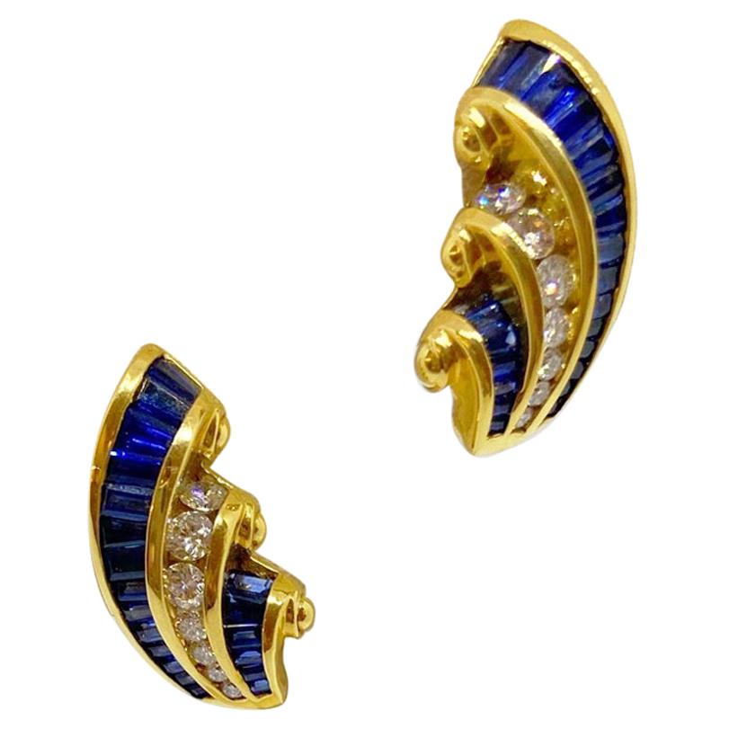 Charles Krypell 18KT Gold Earrings 2.63 Carat Blue Sapphires and 0.74Ct. Diamond For Sale