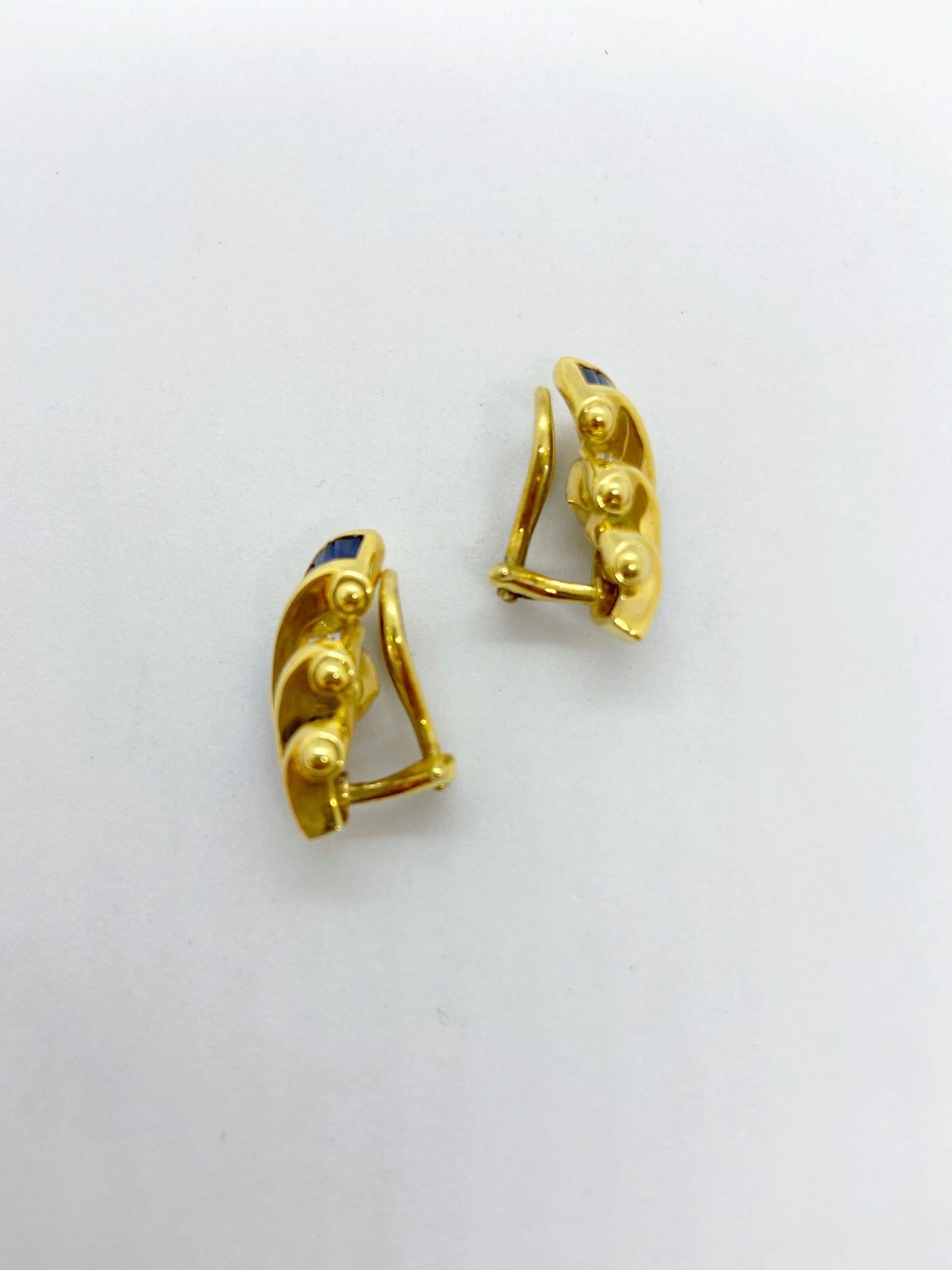 Baguette Cut Charles Krypell 18KT Gold Earrings 2.63 Carat Blue Sapphires and 0.74Ct. Diamond For Sale