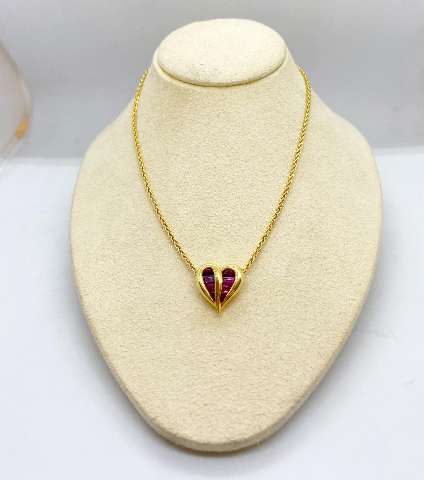 Tapered Baguette Charles Krypell 18 Karat Yellow Gold 1.22 Carat Ruby Heart Pendant For Sale