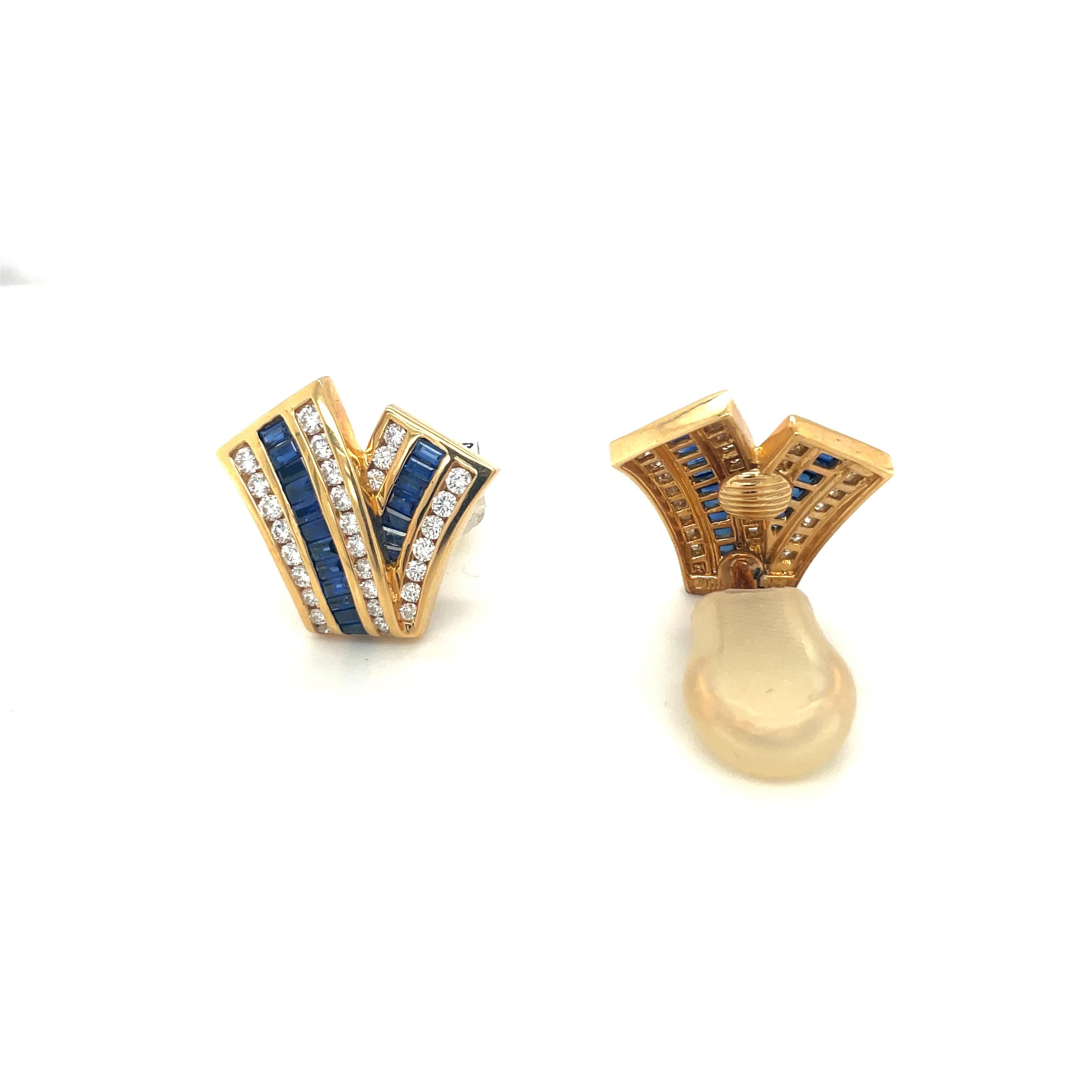 Contemporary Charles Krypell 18KT Yellow Gold 1.97Ct Blue Sapphire 1.23Ct. Diamond Earrings For Sale