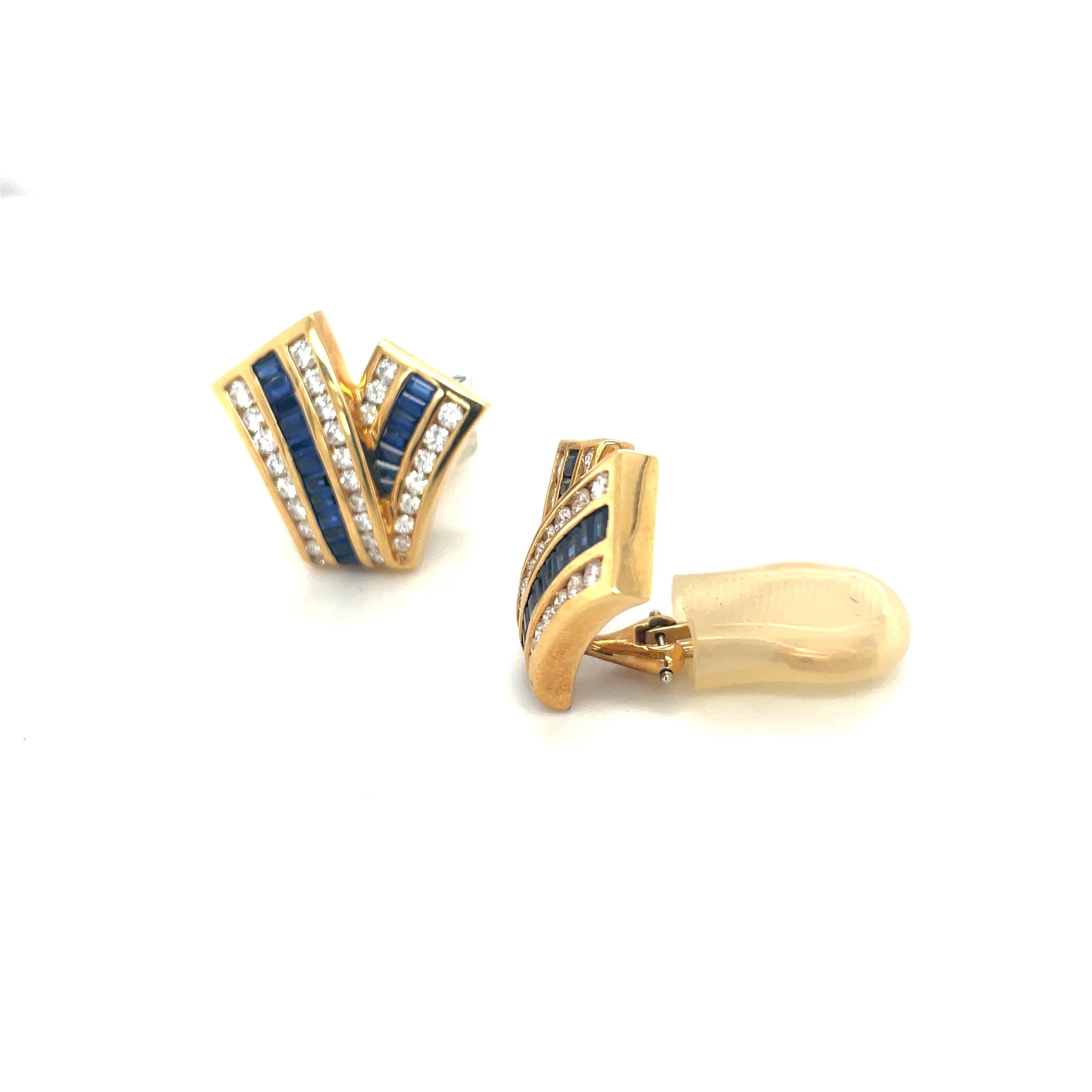 Baguette Cut Charles Krypell 18KT Yellow Gold 1.97Ct Blue Sapphire 1.23Ct. Diamond Earrings For Sale