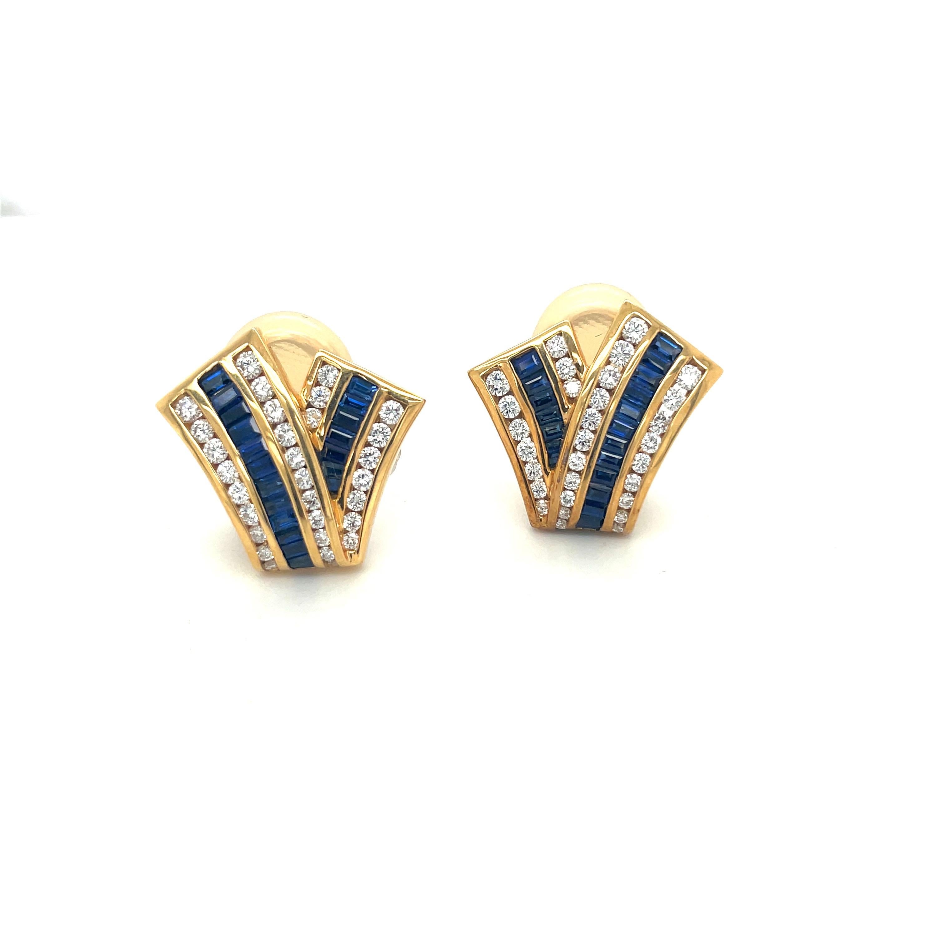 Charles Krypell 18KT Yellow Gold 1.97Ct Blue Sapphire 1.23Ct. Diamond Earrings In New Condition For Sale In New York, NY