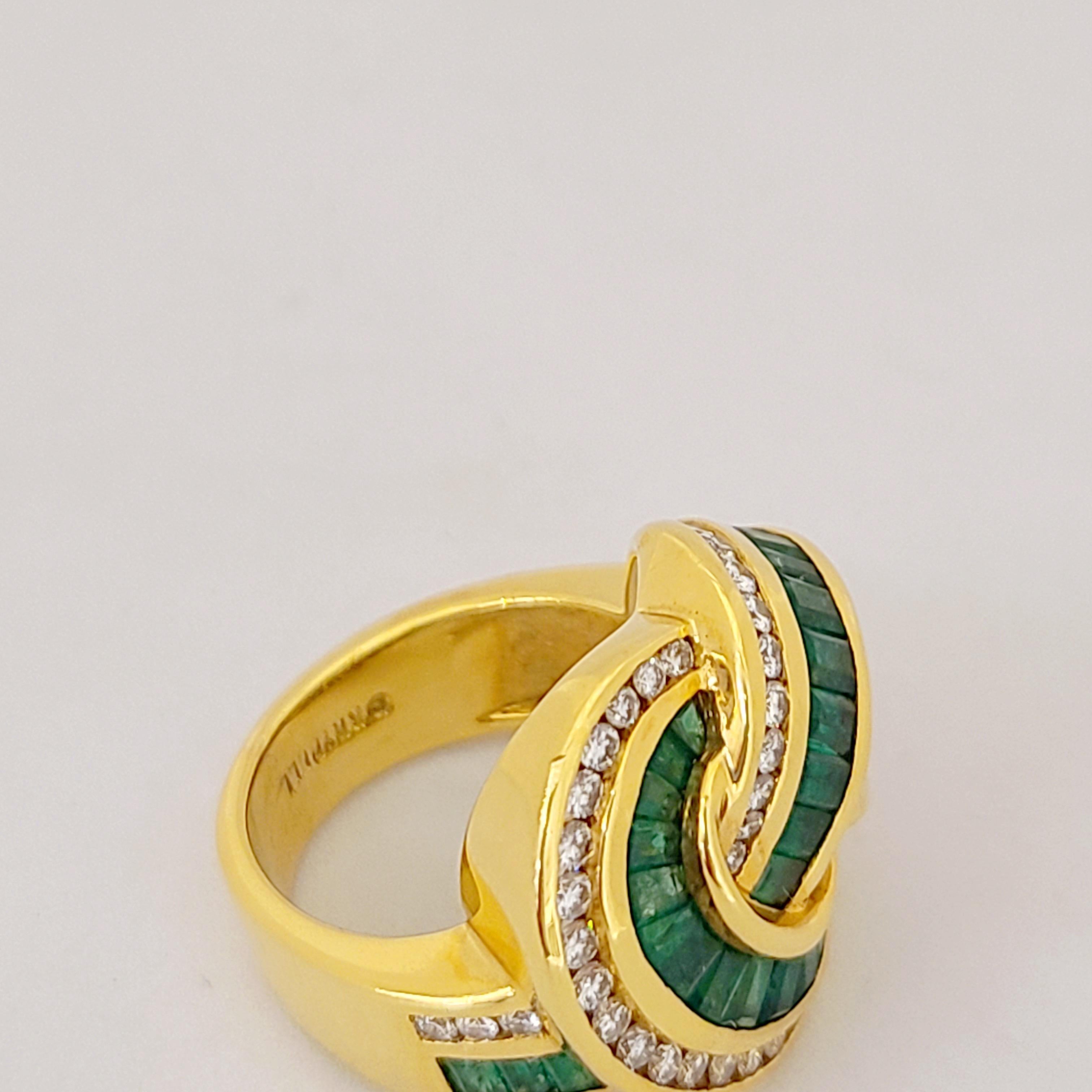 Baguette Cut Charles Krypell 18 Karat Yellow Gold, 2.59 Carat Emeralds and Diamond Knot Ring For Sale