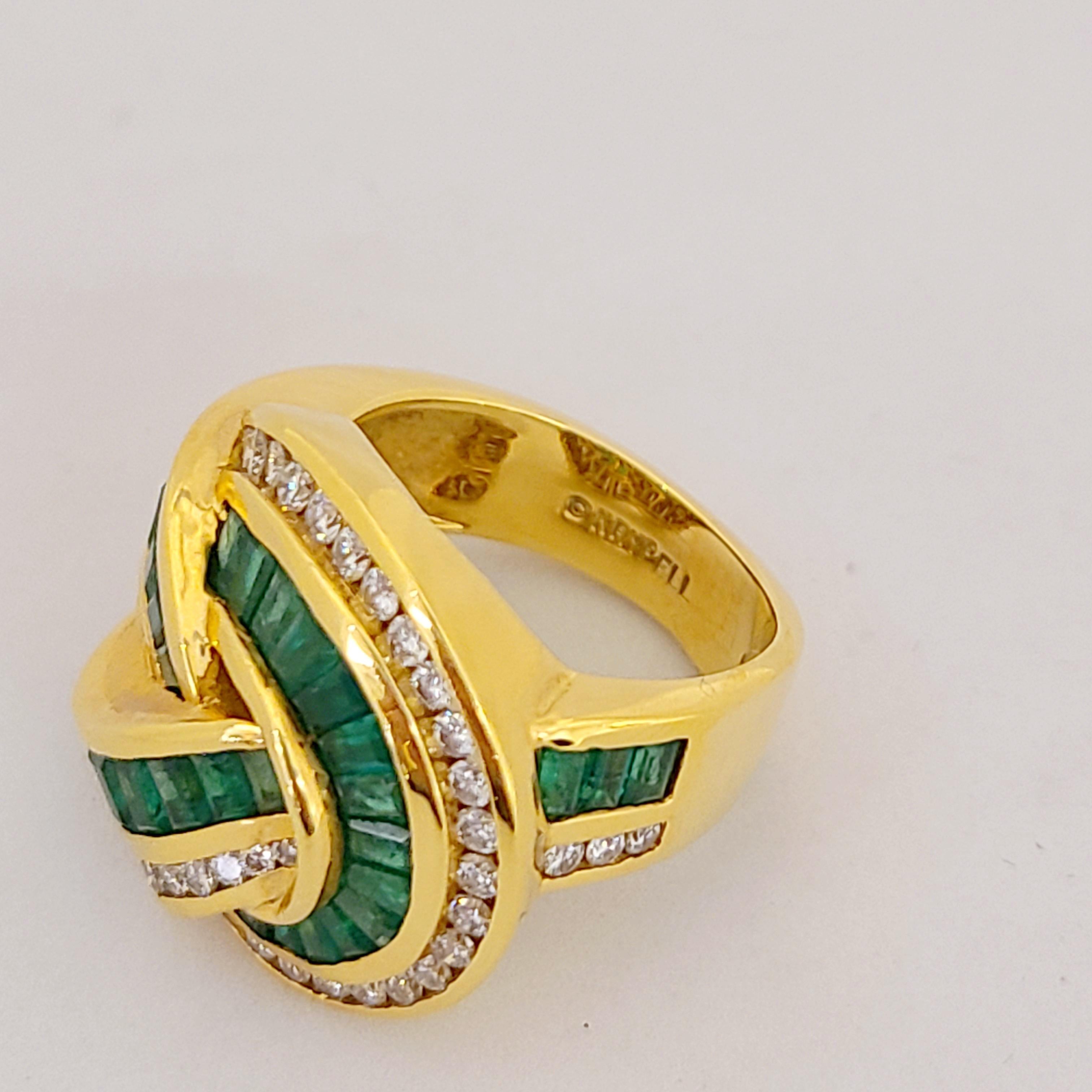 Charles Krypell 18 Karat Yellow Gold, 2.59 Carat Emeralds and Diamond Knot Ring In New Condition For Sale In New York, NY