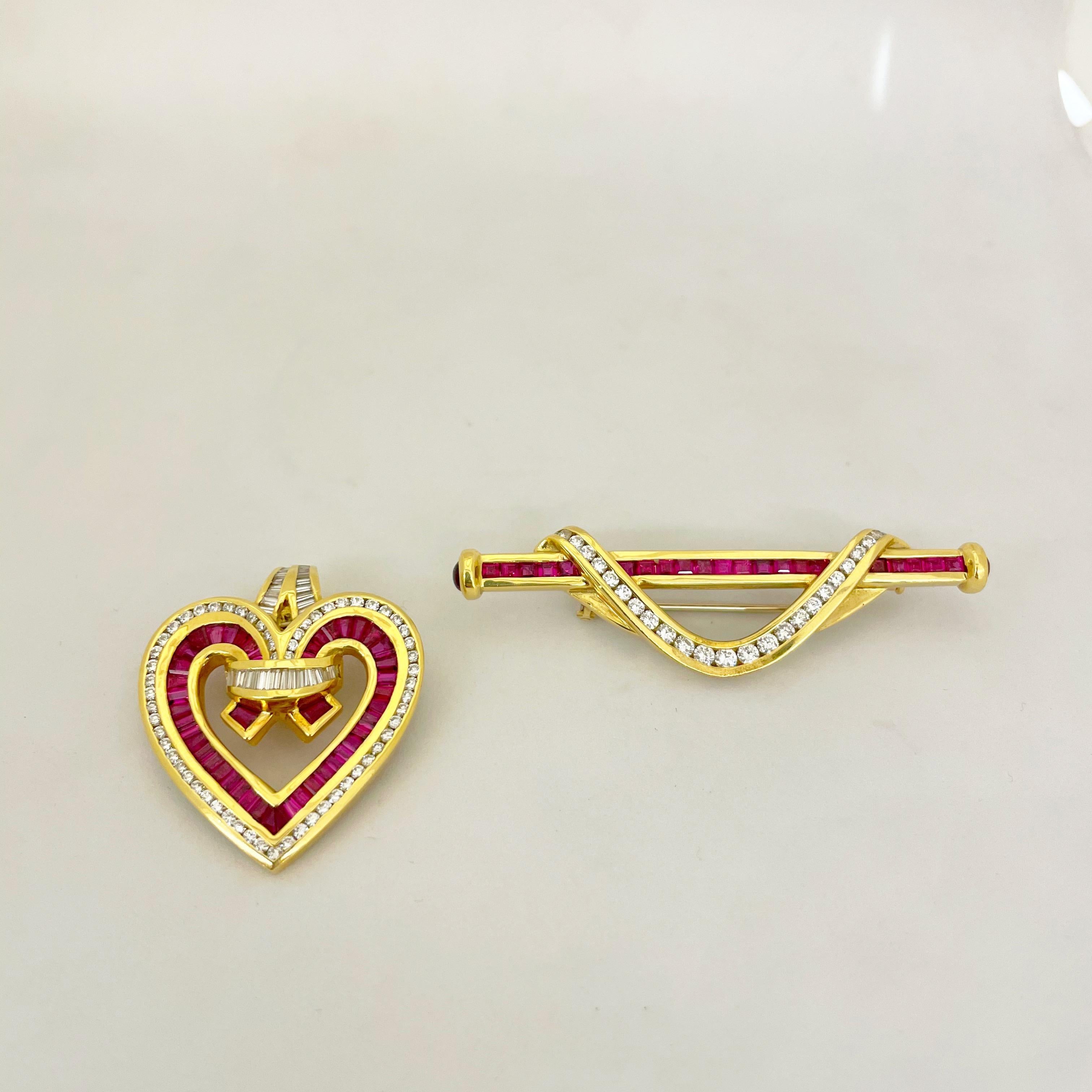 Charles Krypell Jewelry is a New York Based fine jewelry brand that became internationally known for its exquisite use of color, novel designs, and outstanding craftsmanship. 
This 18 karat yellow gold heart pendant / brooch is the perfect example