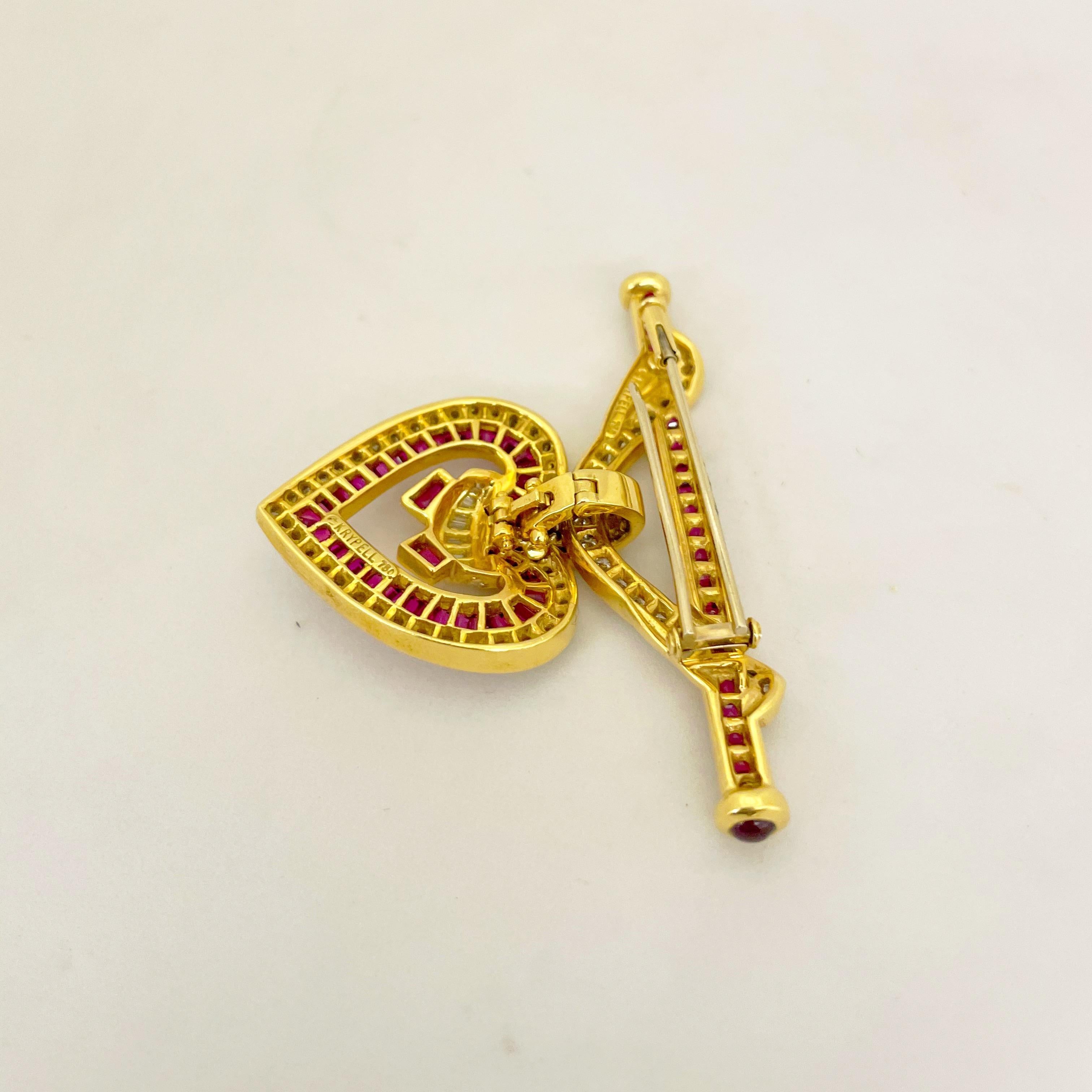 Baguette Cut Charles Krypell 18KT Gold 6.17 Carat Ruby, 2.67 Carat Diamond Pendant /Brooch For Sale