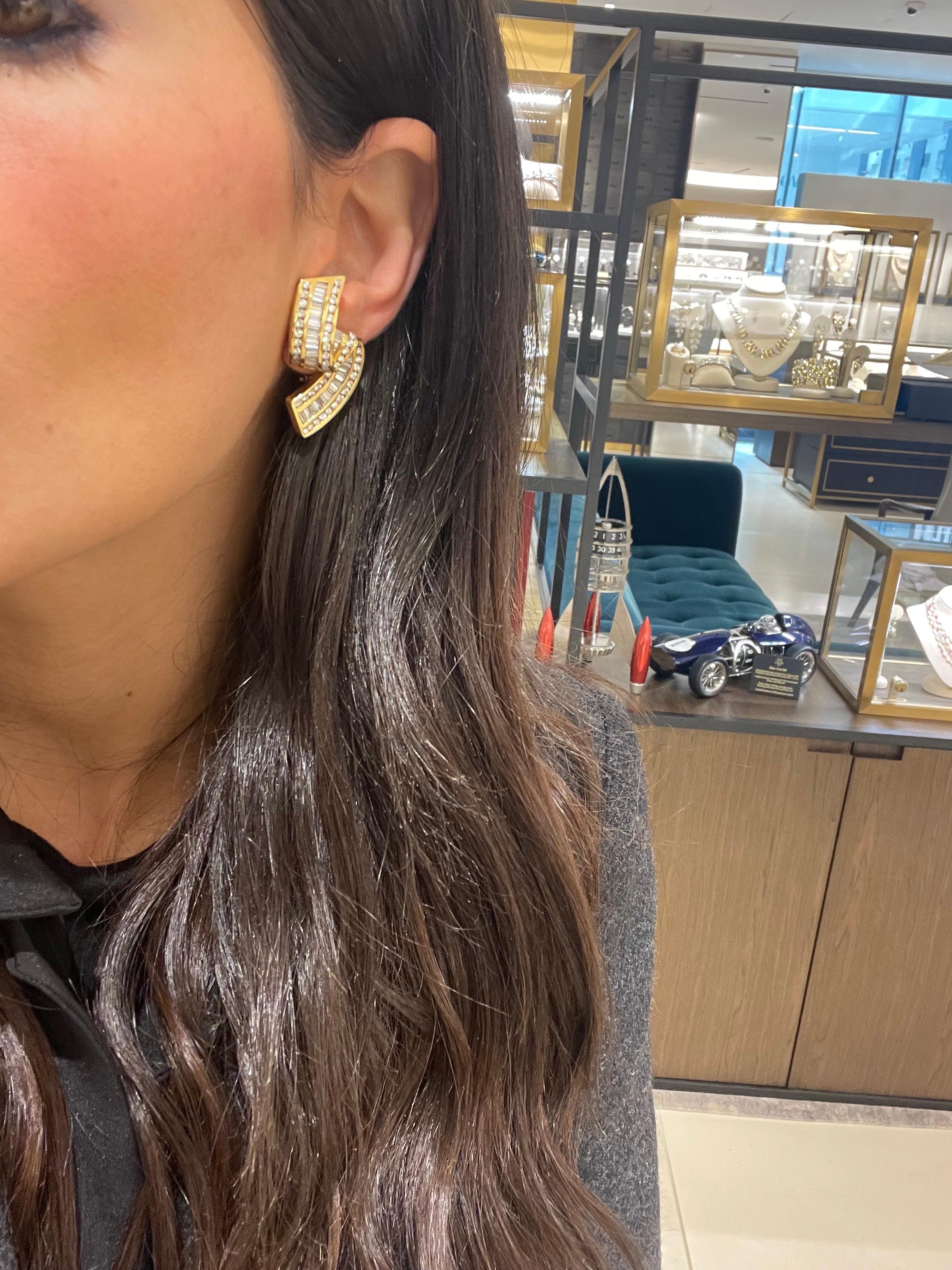 Round Cut Charles Krypell 18KT Yellow Gold 6.94CT Baguette & Round Diamond Ribbon Earrings For Sale