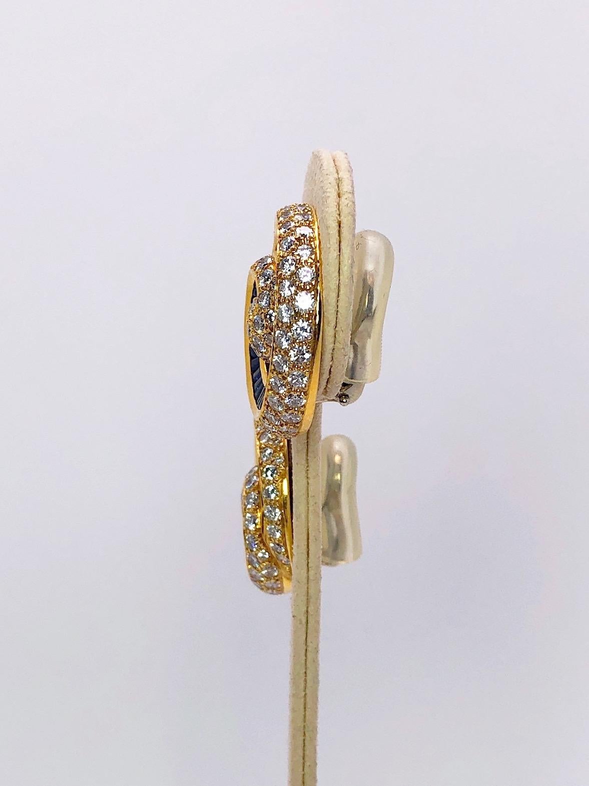 Tapered Baguette Charles Krypell 18 Karat Yellow Gold Diamond and Blue Sapphire Nautilus Earrings For Sale