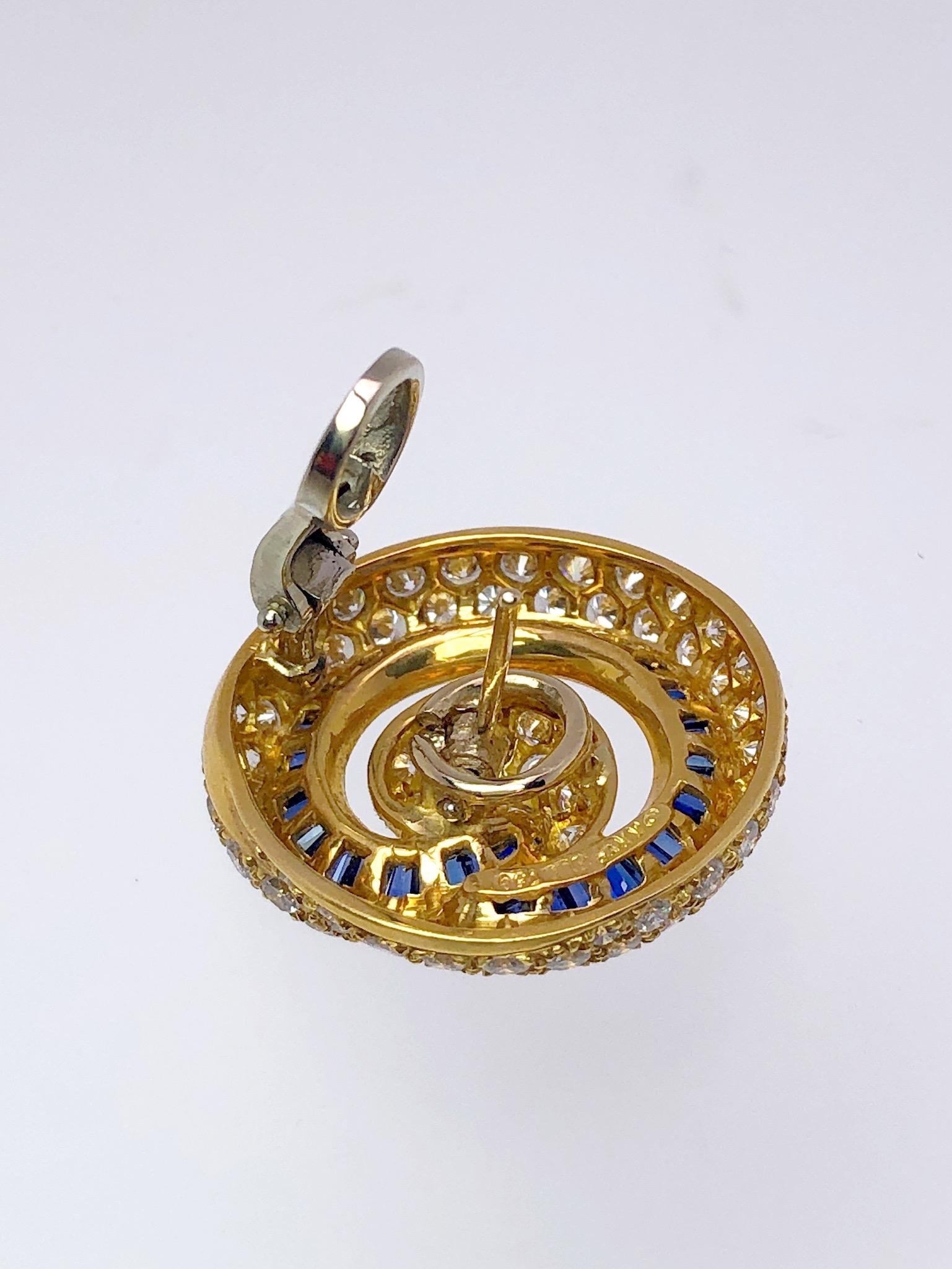 Charles Krypell 18 Karat Yellow Gold Diamond and Blue Sapphire Nautilus Earrings For Sale 1