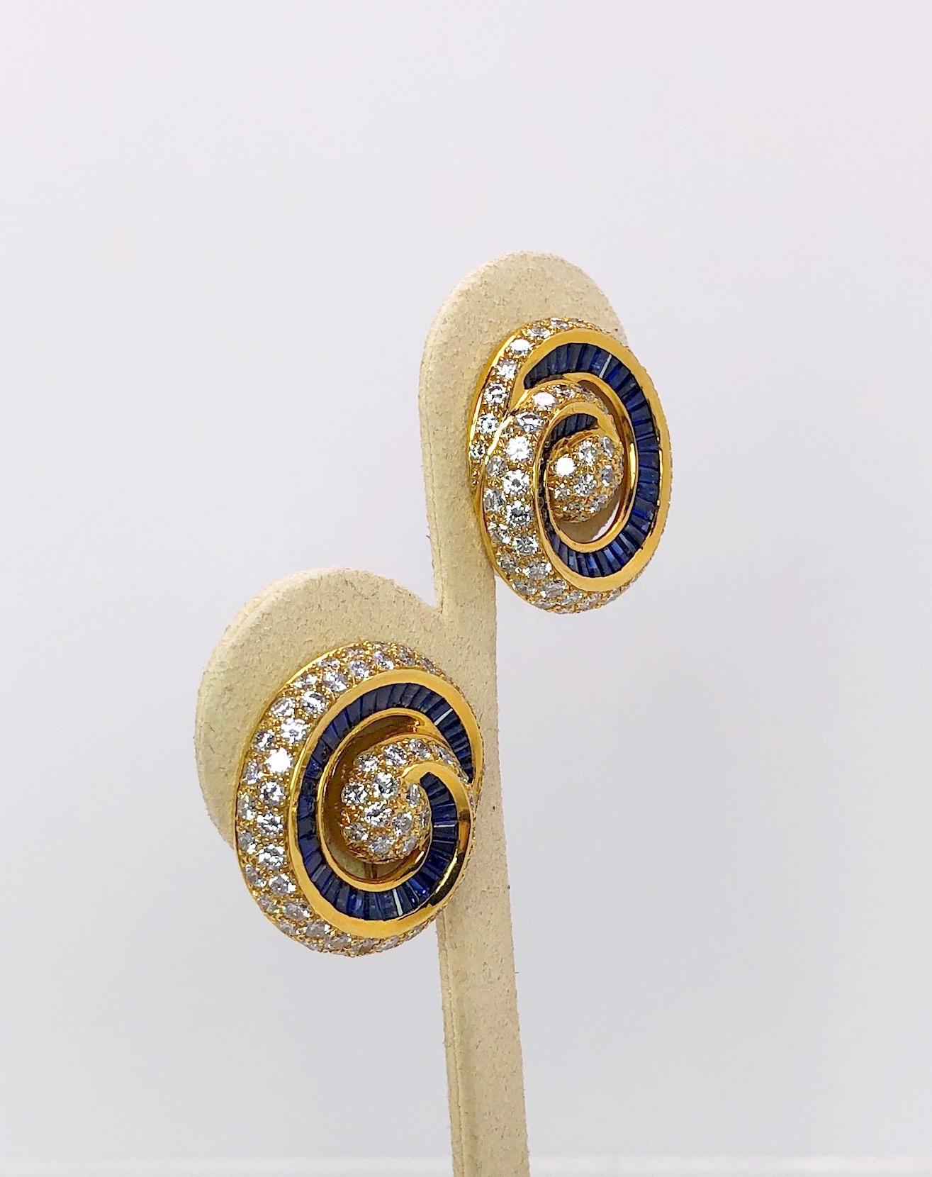 Charles Krypell 18 Karat Yellow Gold Diamond and Blue Sapphire Nautilus Earrings For Sale 2