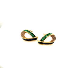 Charles Krypell 18k Yellow Gold Earrings with Blue Sapphire, Emeralds & Diamond