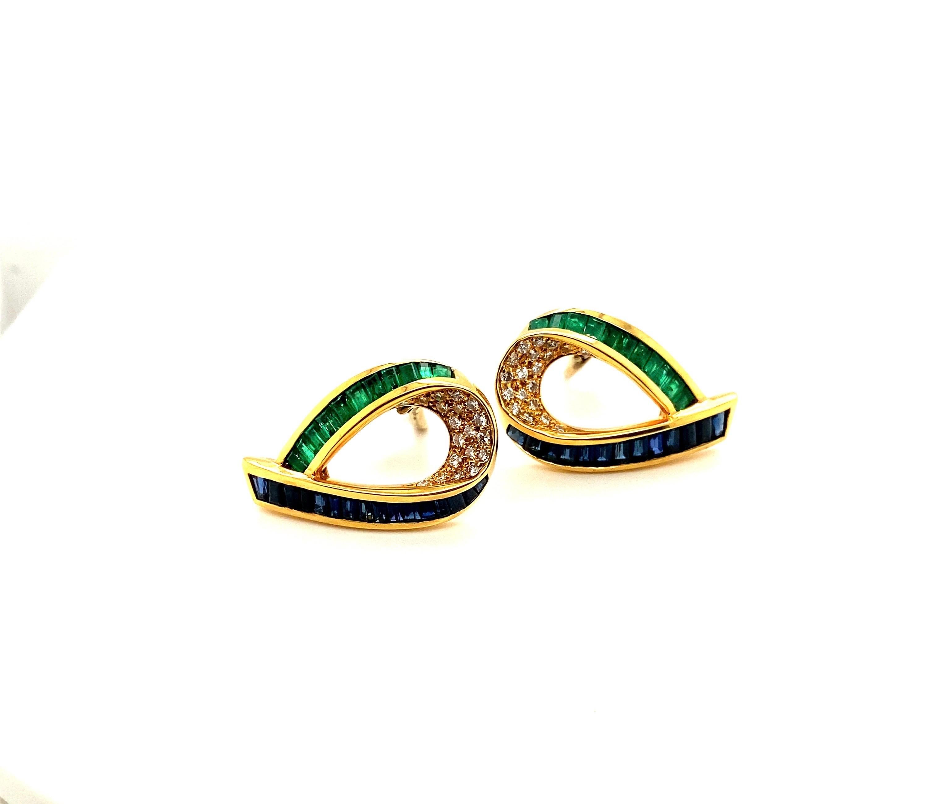 Contemporary Charles Krypell 18k Yellow Gold Earrings with Blue Sapphire, Emeralds & Diamond For Sale