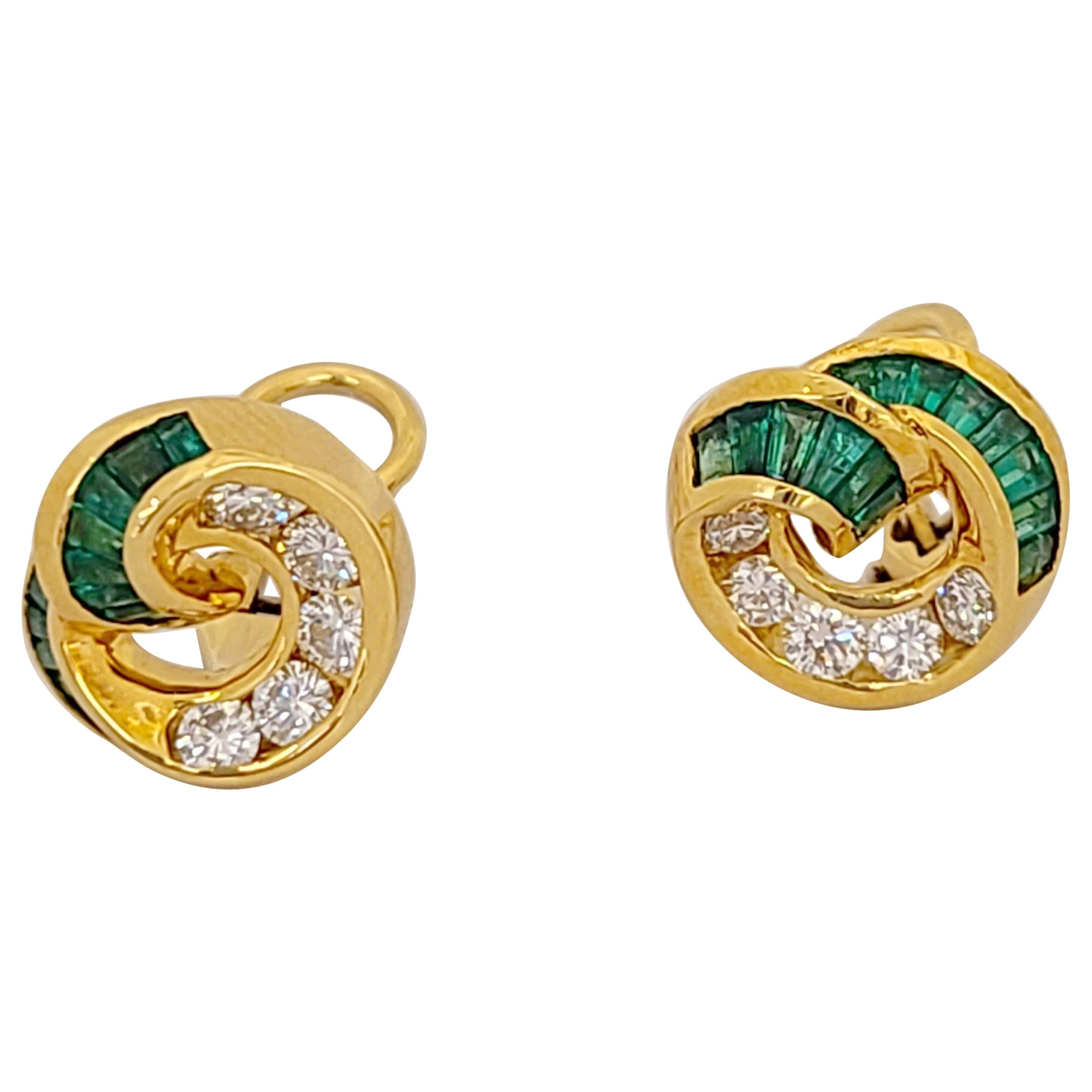 Charles Krypell 18KT Yellow Gold Earrings with 1.01Ct. Emeralds & .68Ct Diamonds For Sale