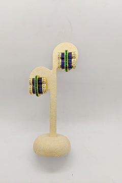 Charles Krypell 18Kt YG Invisibly Set Diamond, Blue Sapphire & Emerald Earrings