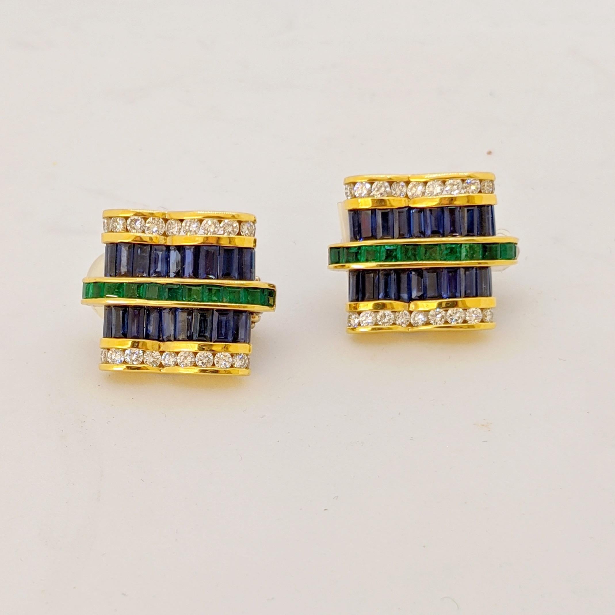 Baguette Cut Charles Krypell 18Kt YG Invisibly Set Diamond, Blue Sapphire & Emerald Earrings For Sale