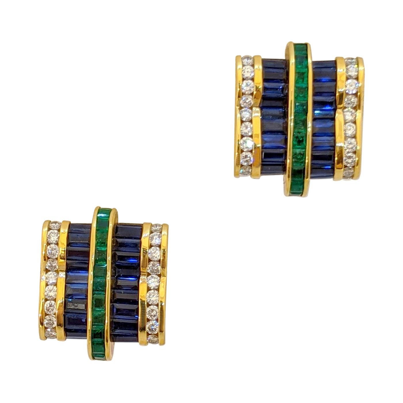 Charles Krypell 18Kt YG Invisibly Set Diamond, Blue Sapphire & Emerald Earrings
