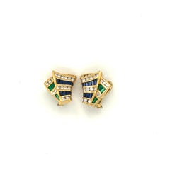 Charles Krypell 18KT YG Ribbon Earring with Diamonds, Emeralds & Blue Sapphires