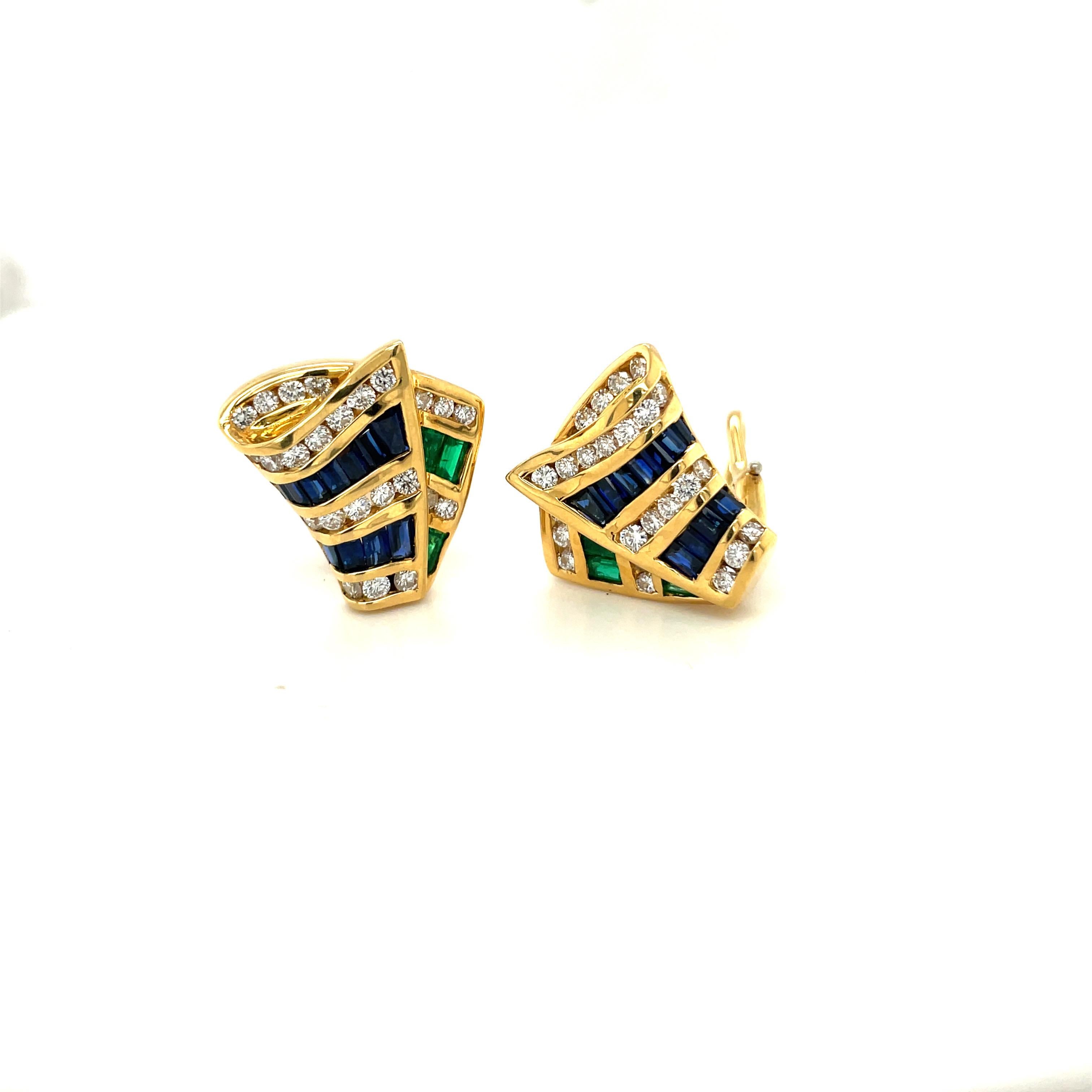 Charles Krypell 18KT YG Ribbon Earring with Diamonds, Emeralds & Blue Sapphires In New Condition For Sale In New York, NY