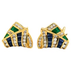 Charles Krypell, boucles d'oreilles ruban 18 carats YG avec diamants, émeraudes et saphirs bleus