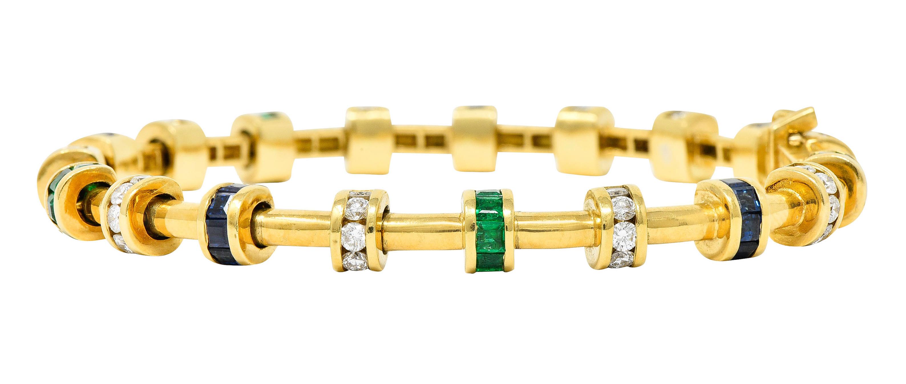 Contemporary Charles Krypell 5.50 Carats Diamond Sapphire Emerald 18 Karat Gold Link Bracelet