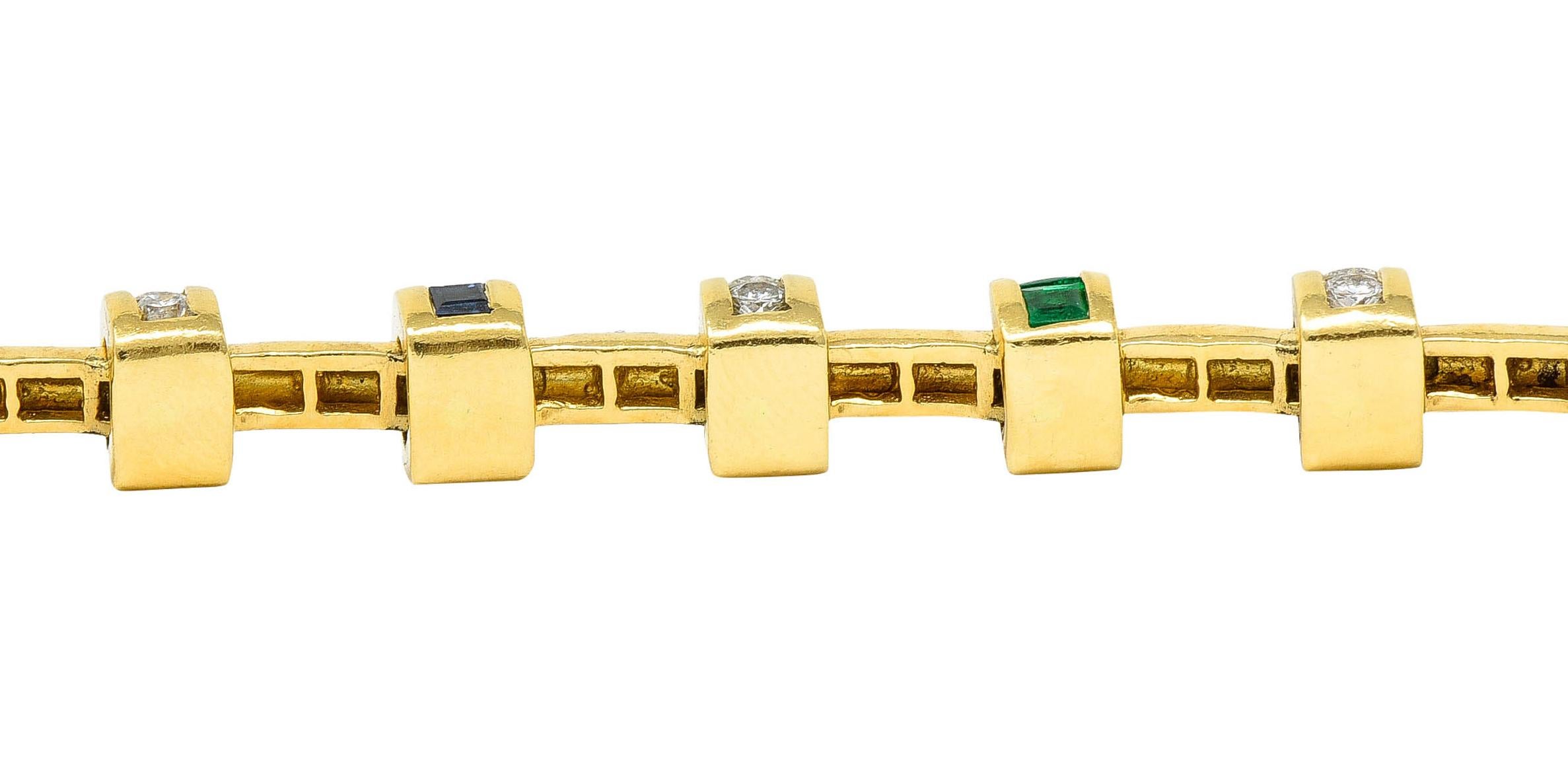 Charles Krypell 5.50 Carats Diamond Sapphire Emerald 18 Karat Gold Link Bracelet In Excellent Condition In Philadelphia, PA