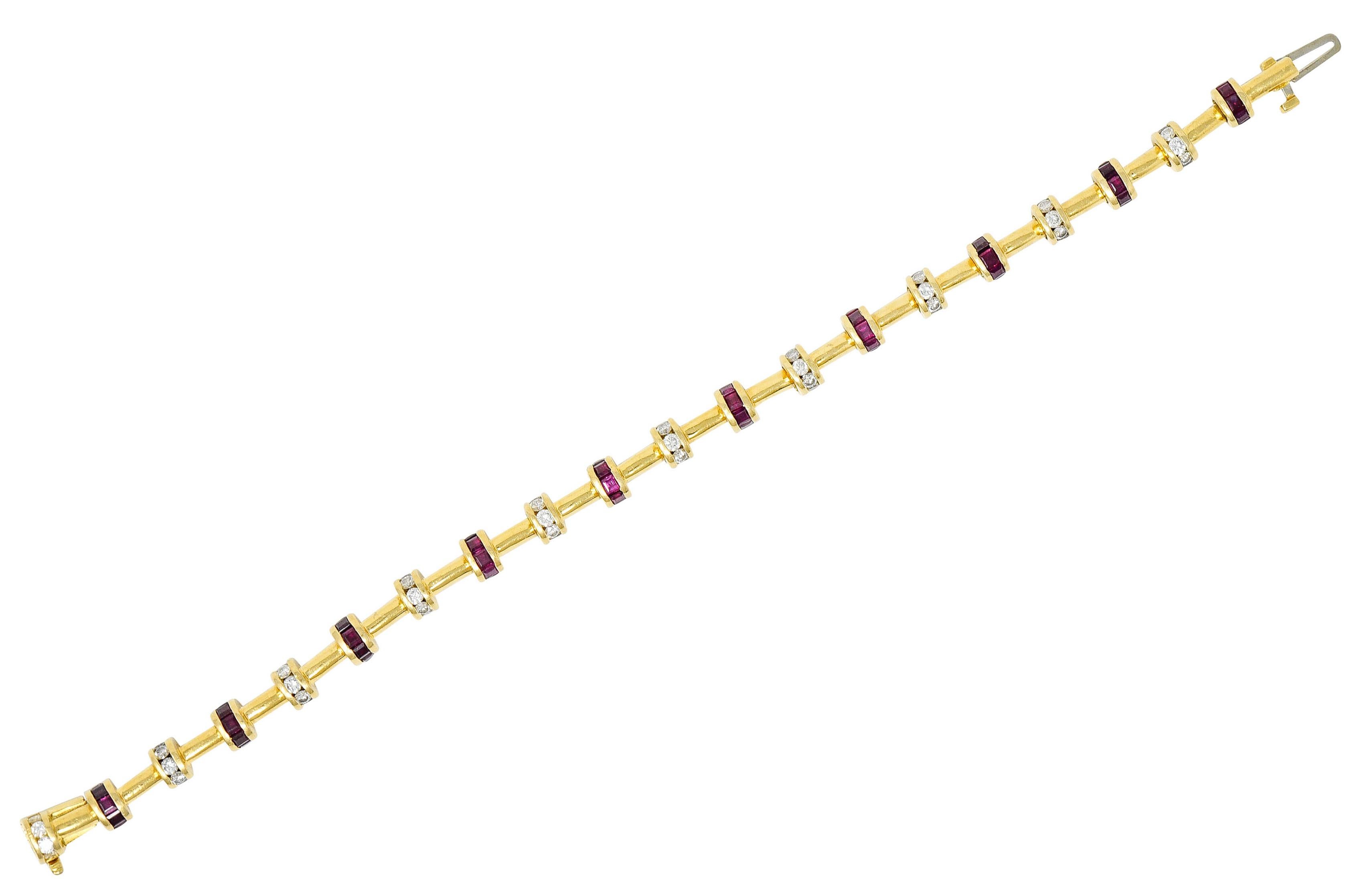 Bracelet is comprised of smooth bar links alternating with gemmed barrel links

Featuring round brilliant cut diamonds weighing in total approximately 1.50 - G/H color with VS clarity

Square cut rubies weighing in total approximately 4.50 carat -