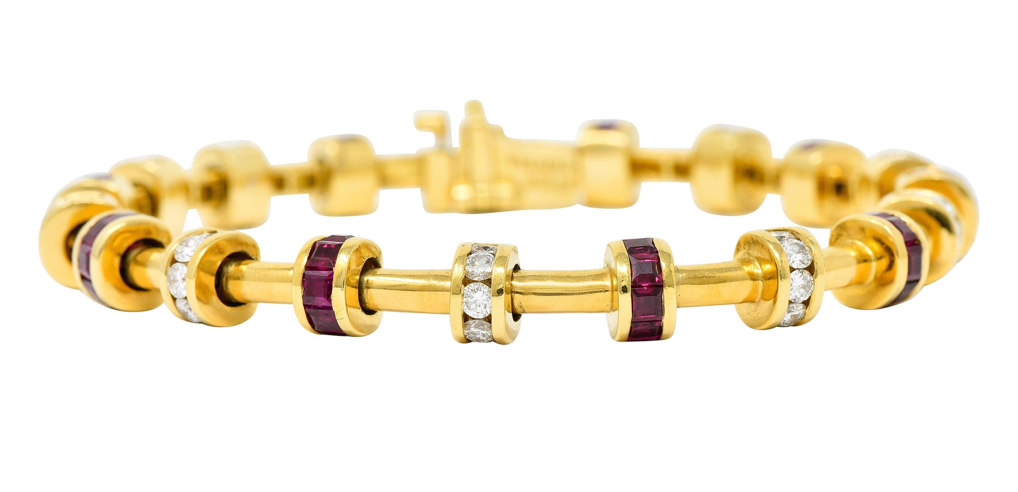 Contemporary Charles Krypell 6.00 Carats Diamond Ruby 18 Karat Gold Barrel Link Bracelet