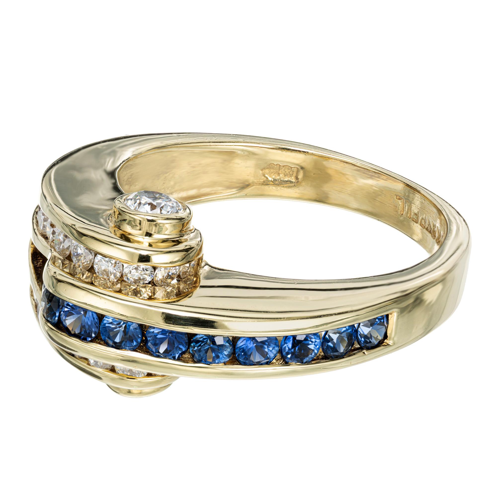 Round Cut Charles Krypell .75 Carat Blue Sapphire Diamond Gold Curved Band Ring For Sale