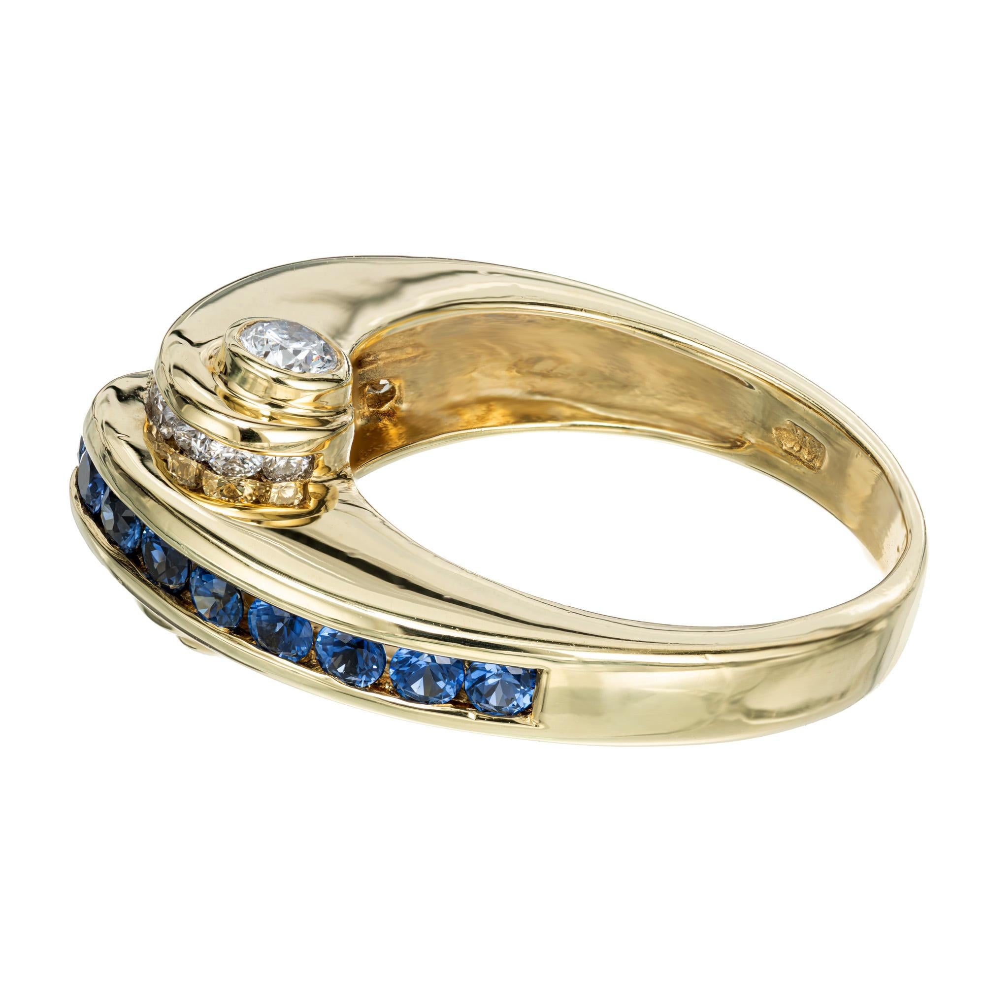 Charles Krypell .75 Carat Blue Sapphire Diamond Gold Curved Band Ring In Good Condition For Sale In Stamford, CT