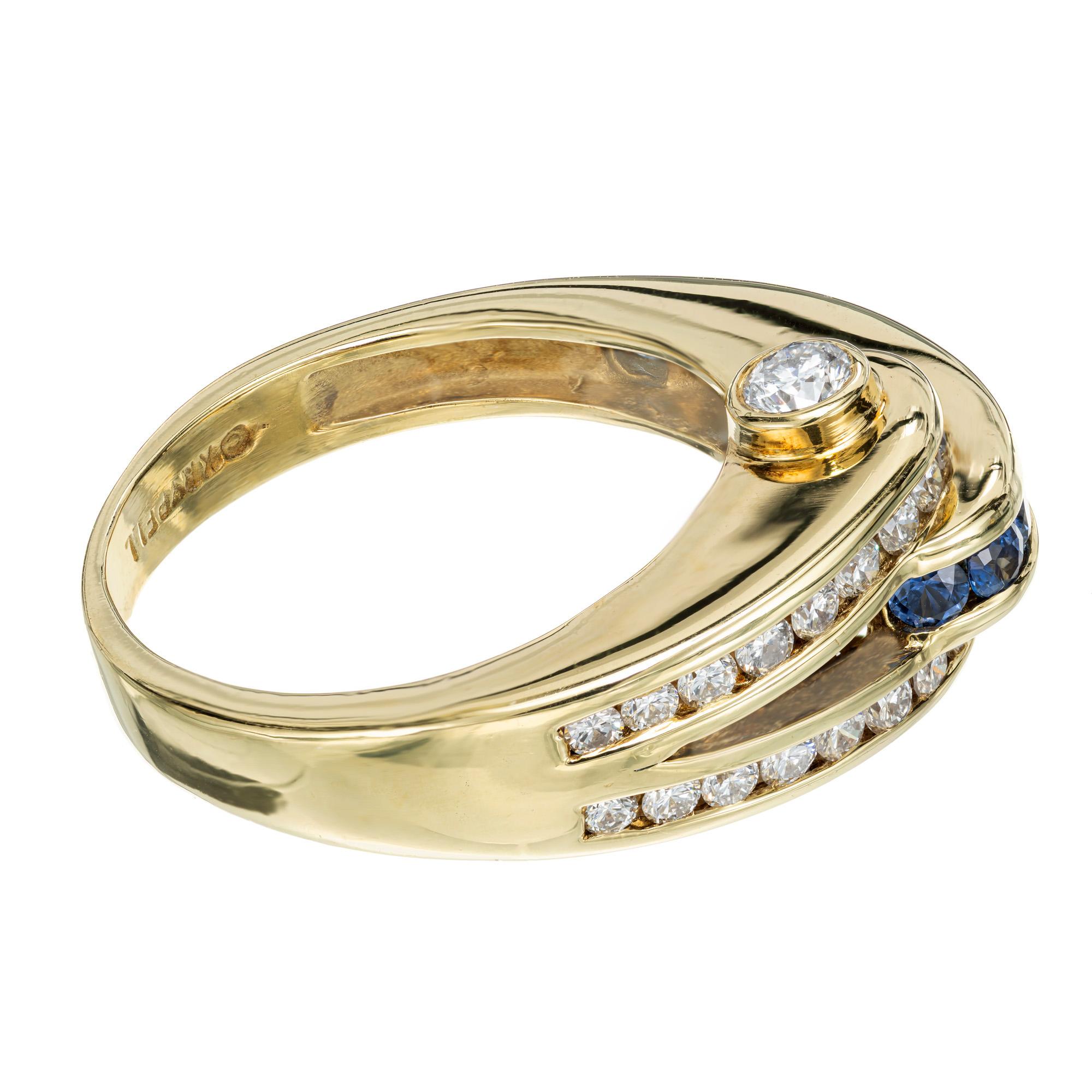 Women's Charles Krypell .75 Carat Blue Sapphire Diamond Gold Curved Band Ring For Sale
