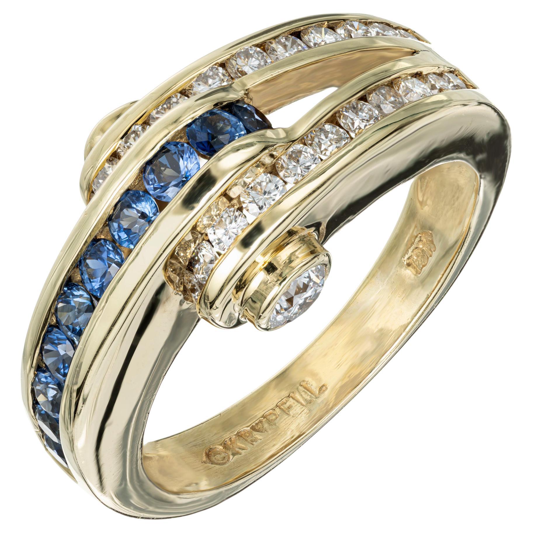 Charles Krypell .75 Carat Blue Sapphire Diamond Gold Curved Band Ring For Sale