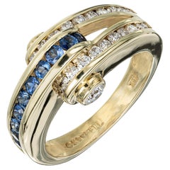 Charles Krypell .75 Carat Blue Sapphire Diamond Gold Curved Band Ring