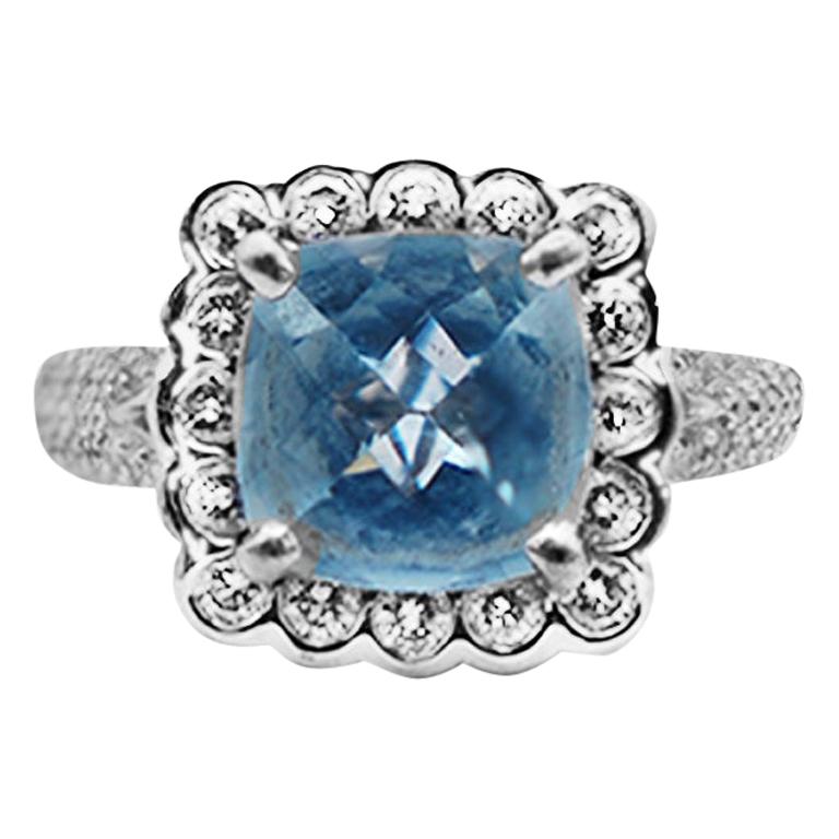 Charles Krypell Aquamarine and Diamond Halo Ring 18 Karat 4.05 Carat For Sale
