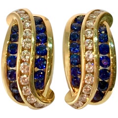 Charles Krypell Blue Sapphire Diamond 18 Karat Yellow Gold Earrings