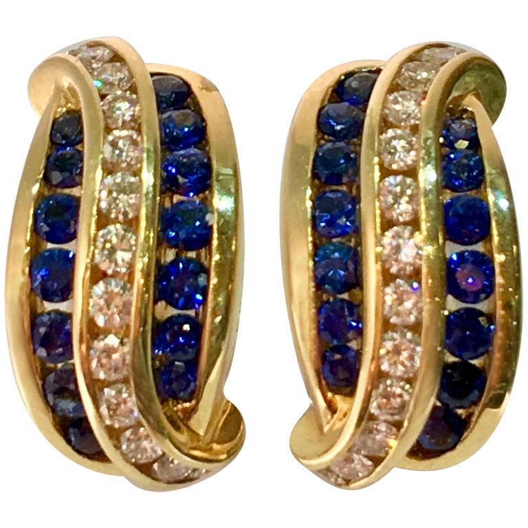 Charles Krypell Blue Sapphire Diamond 18 Karat Yellow Gold Earrings at