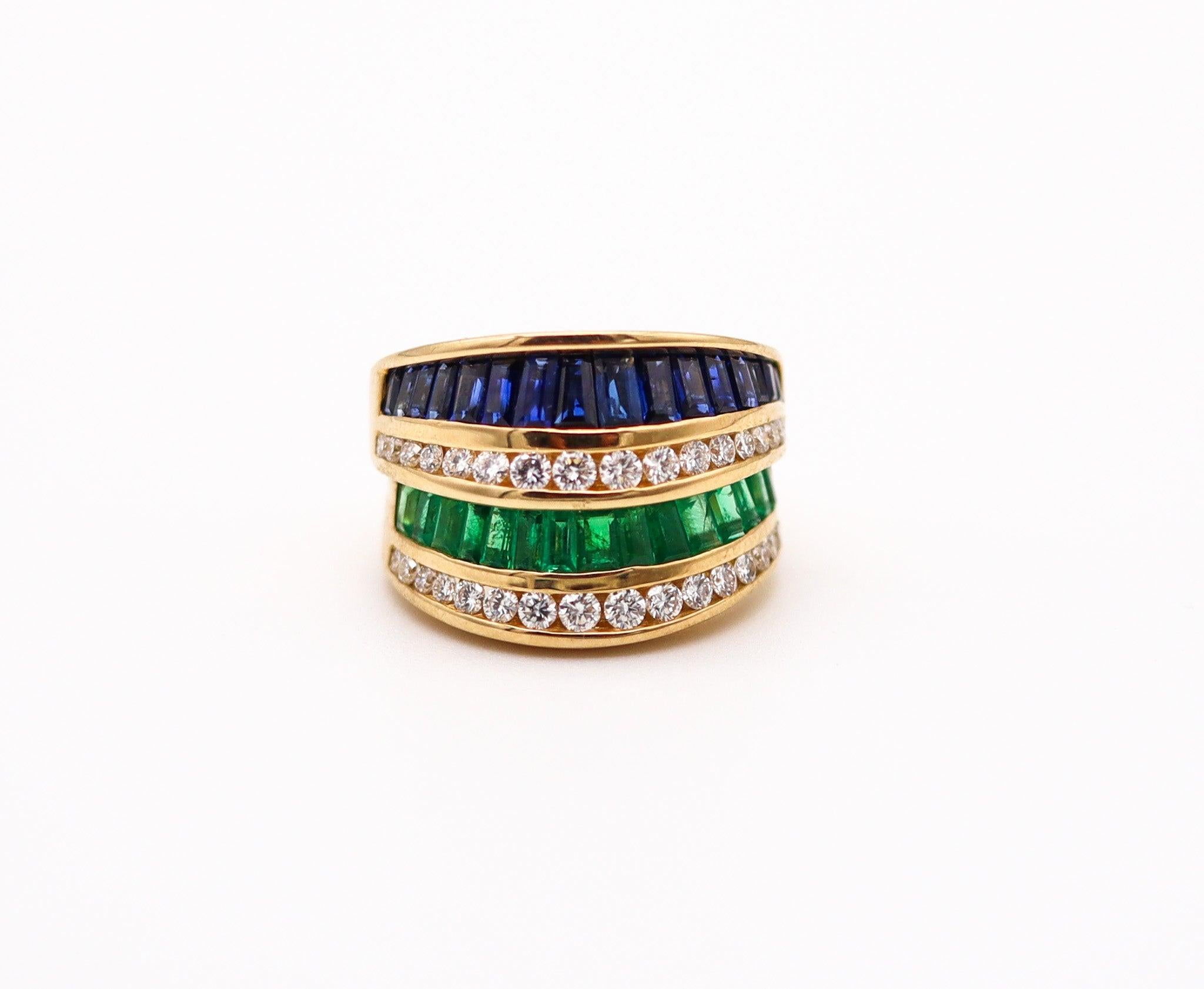 Modernist CHARLES KRYPELL Cocktail Ring 18Kt Gold With 3.66 Ctw Diamonds Emerald Sapphires