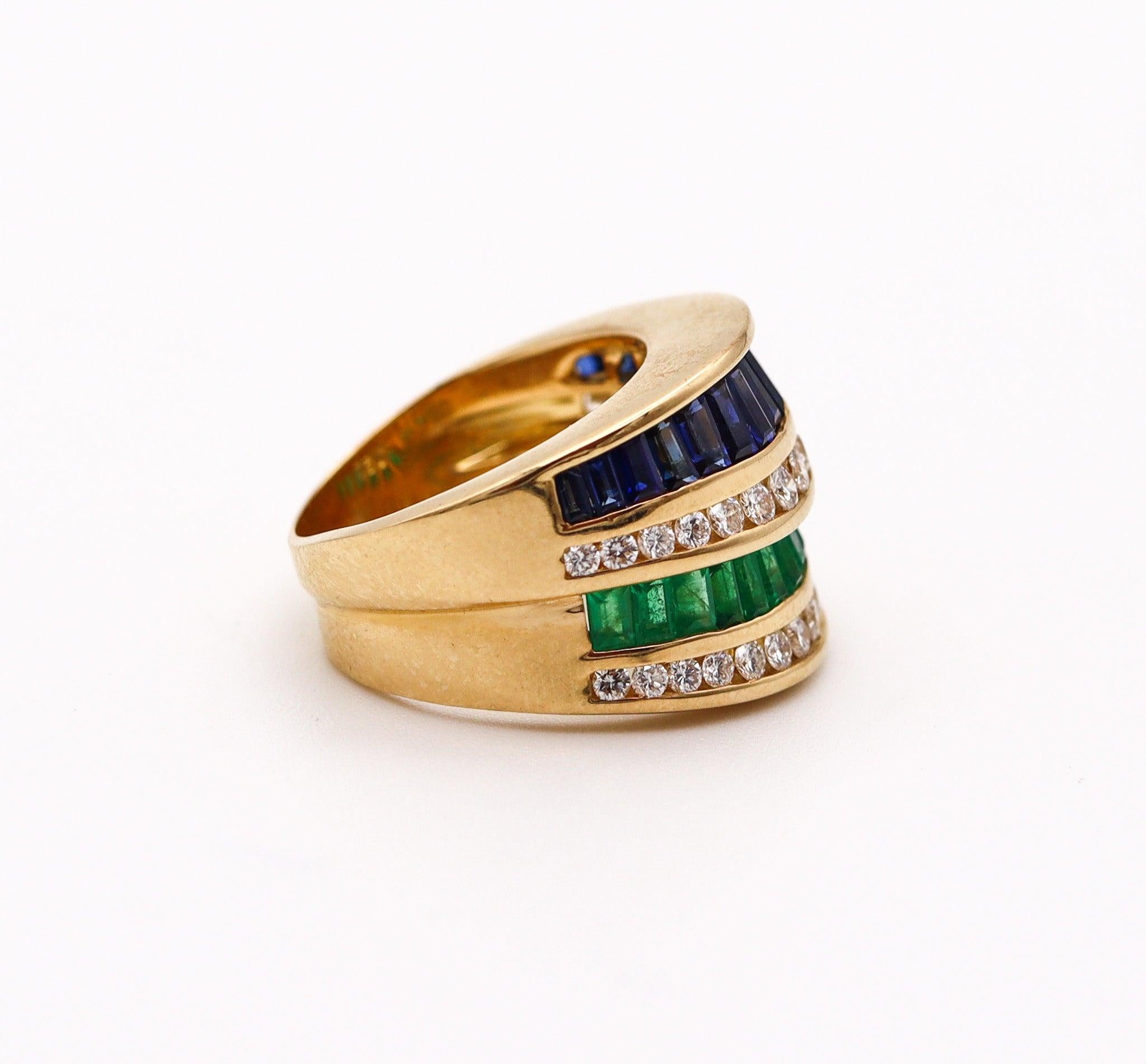 CHARLES KRYPELL Cocktail Ring 18Kt Gold With 3.66 Ctw Diamonds Emerald Sapphires In Excellent Condition In Miami, FL