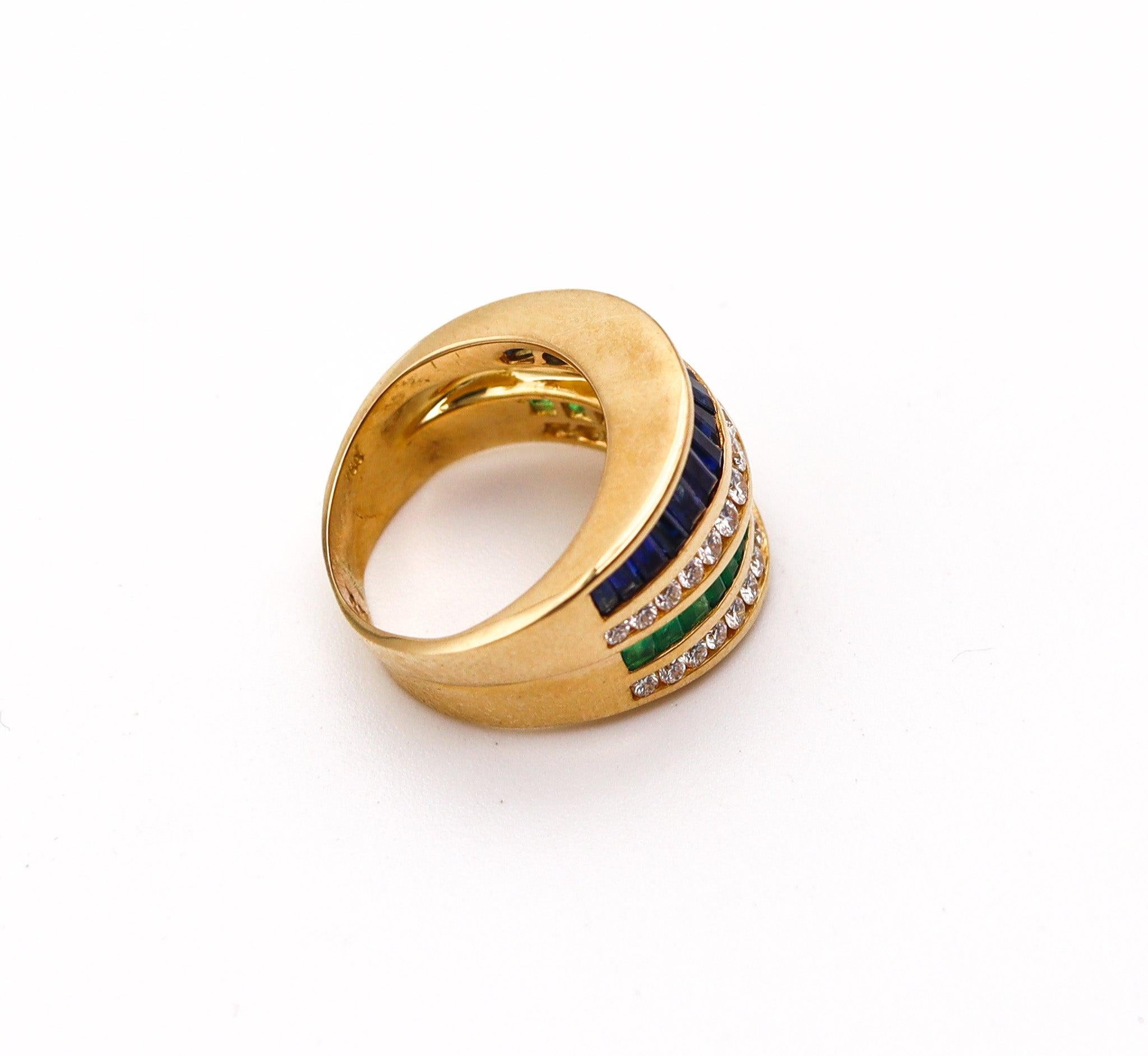 Women's CHARLES KRYPELL Cocktail Ring 18Kt Gold With 3.66 Ctw Diamonds Emerald Sapphires
