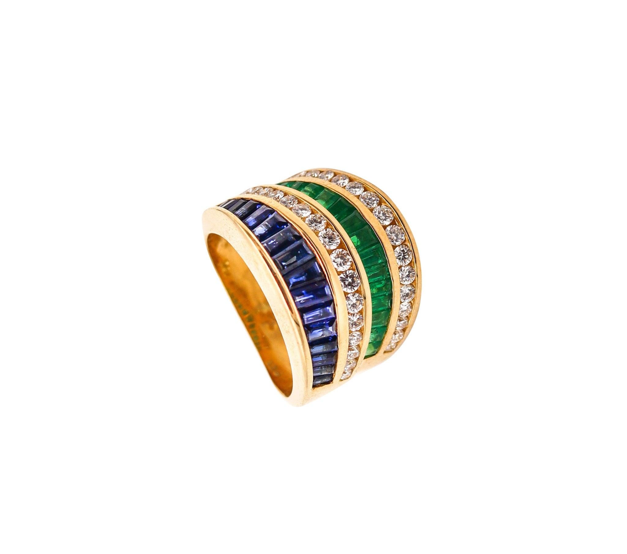 CHARLES KRYPELL Cocktail Ring 18Kt Gold With 3.66 Ctw Diamonds Emerald Sapphires 1
